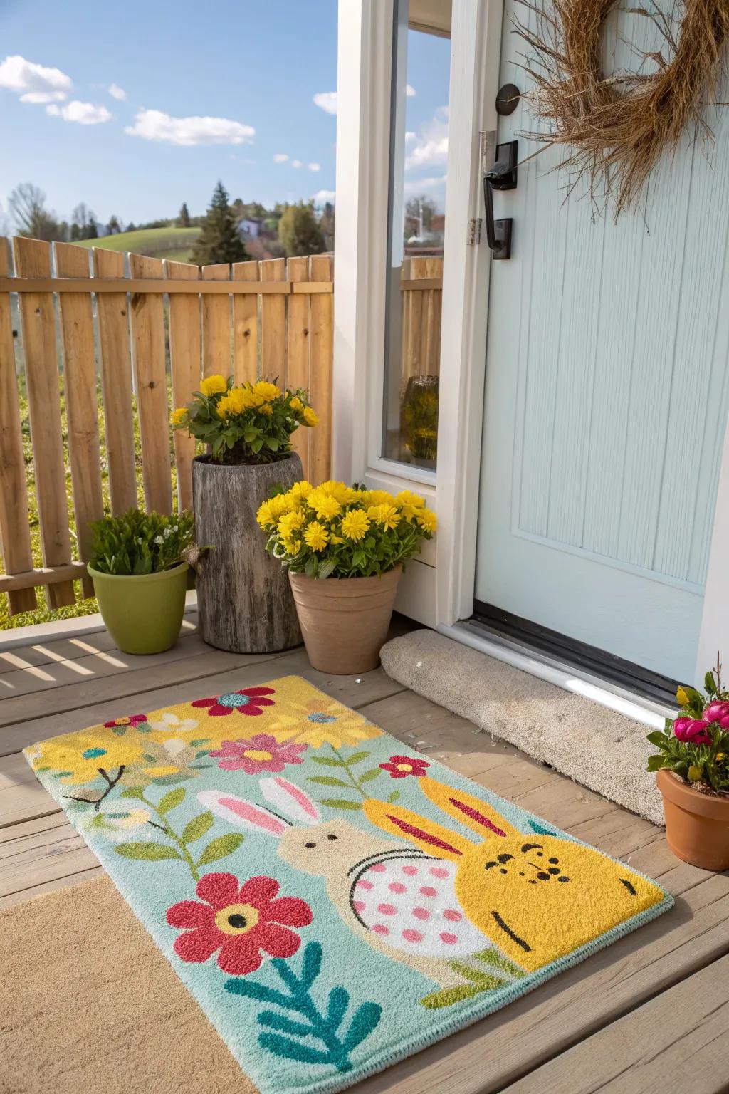 A playful rug introduces an inviting element to your veranda, ideally suited for spring.