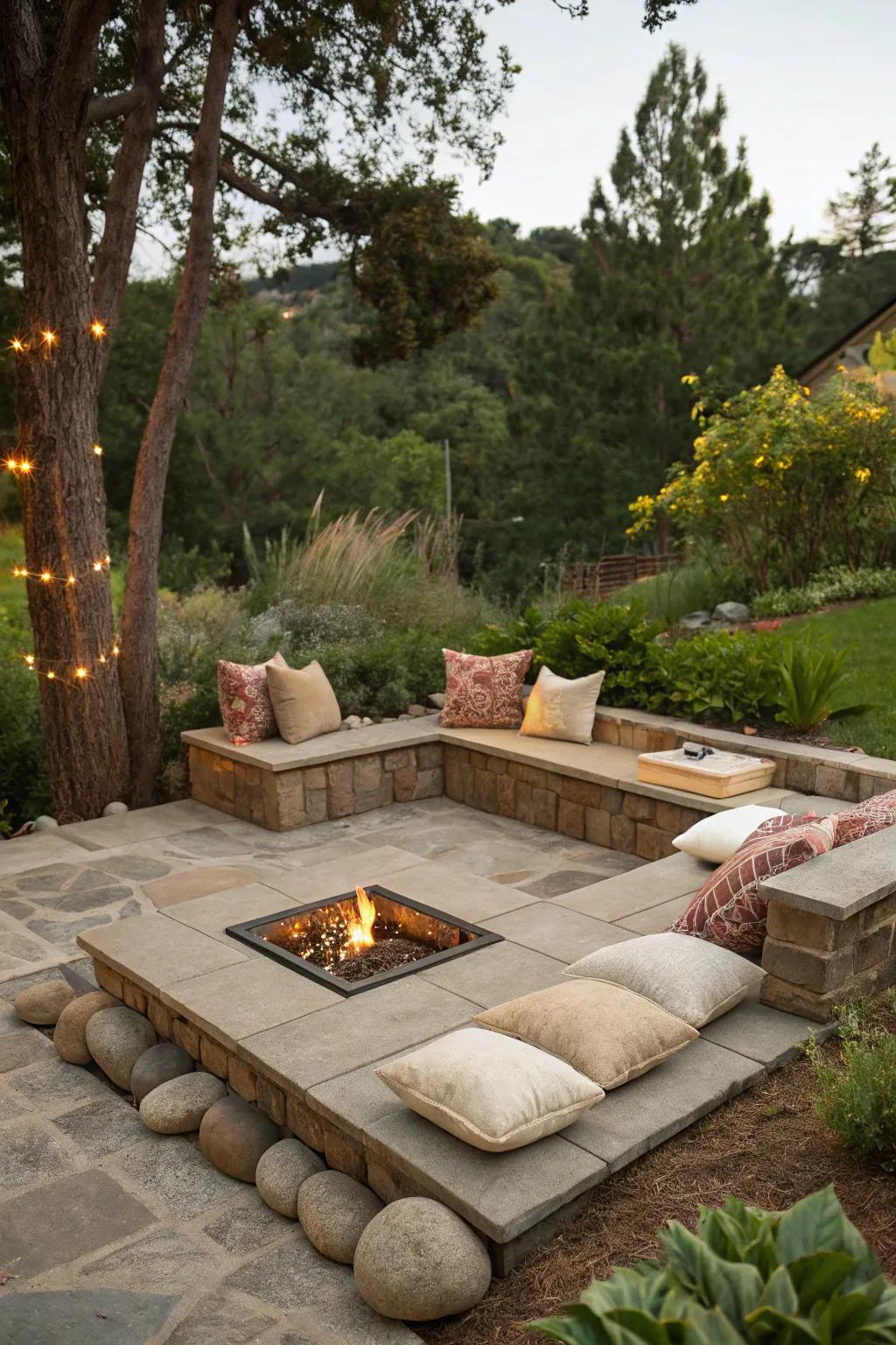 Integrated seating fashions an inviting fire pit zone.