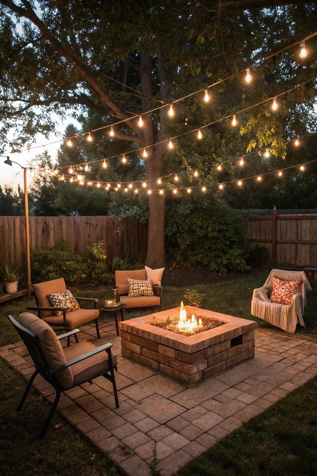Classic brick brings timeless charm to this fire pit patio.