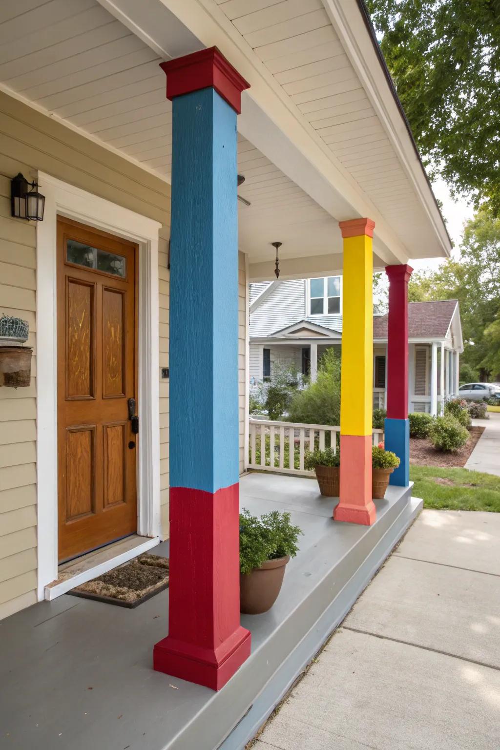 Striking hues on upright posts create a memorable visual effect.