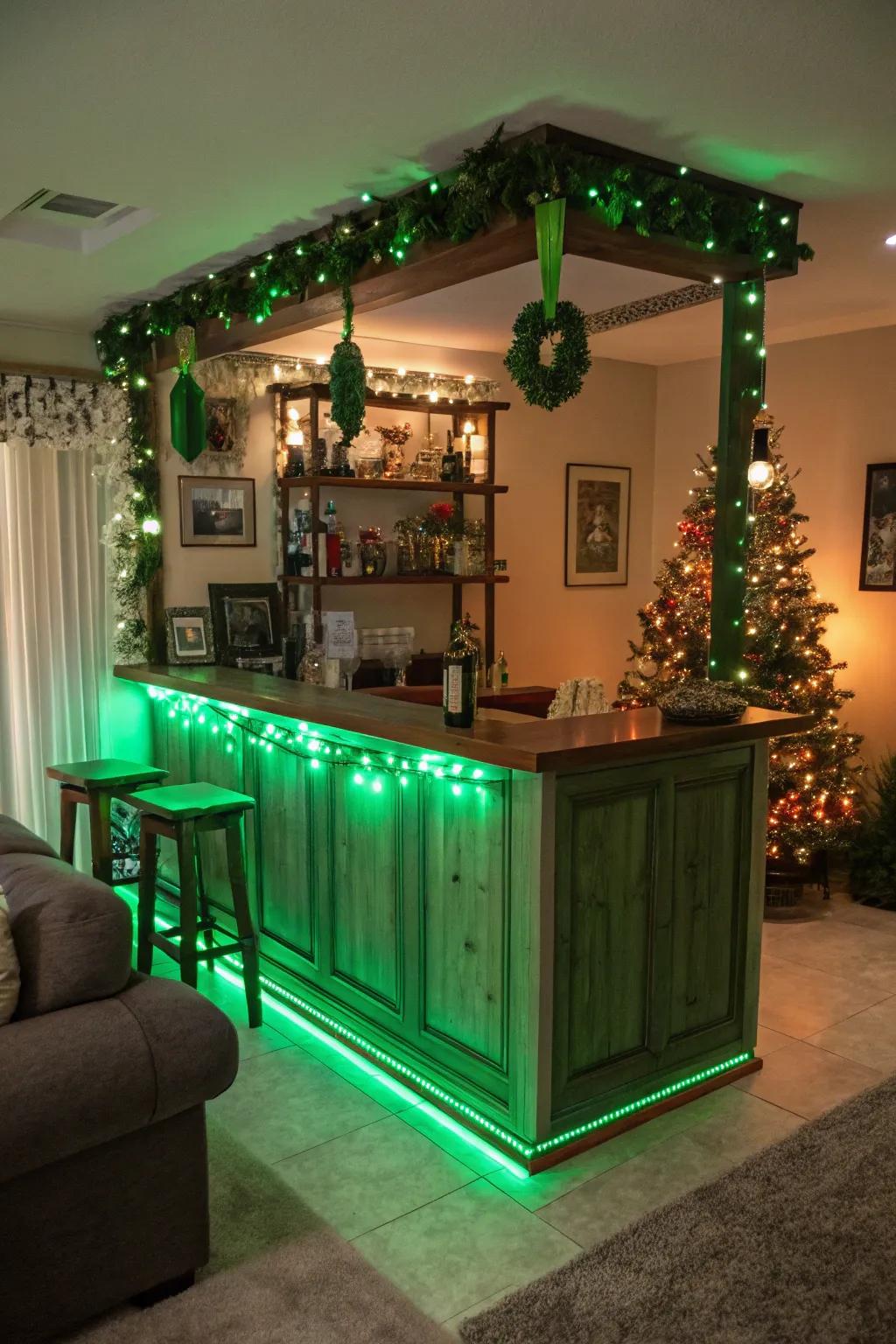 Green lighting crafts an inviting and celebratory setting for the holiday.