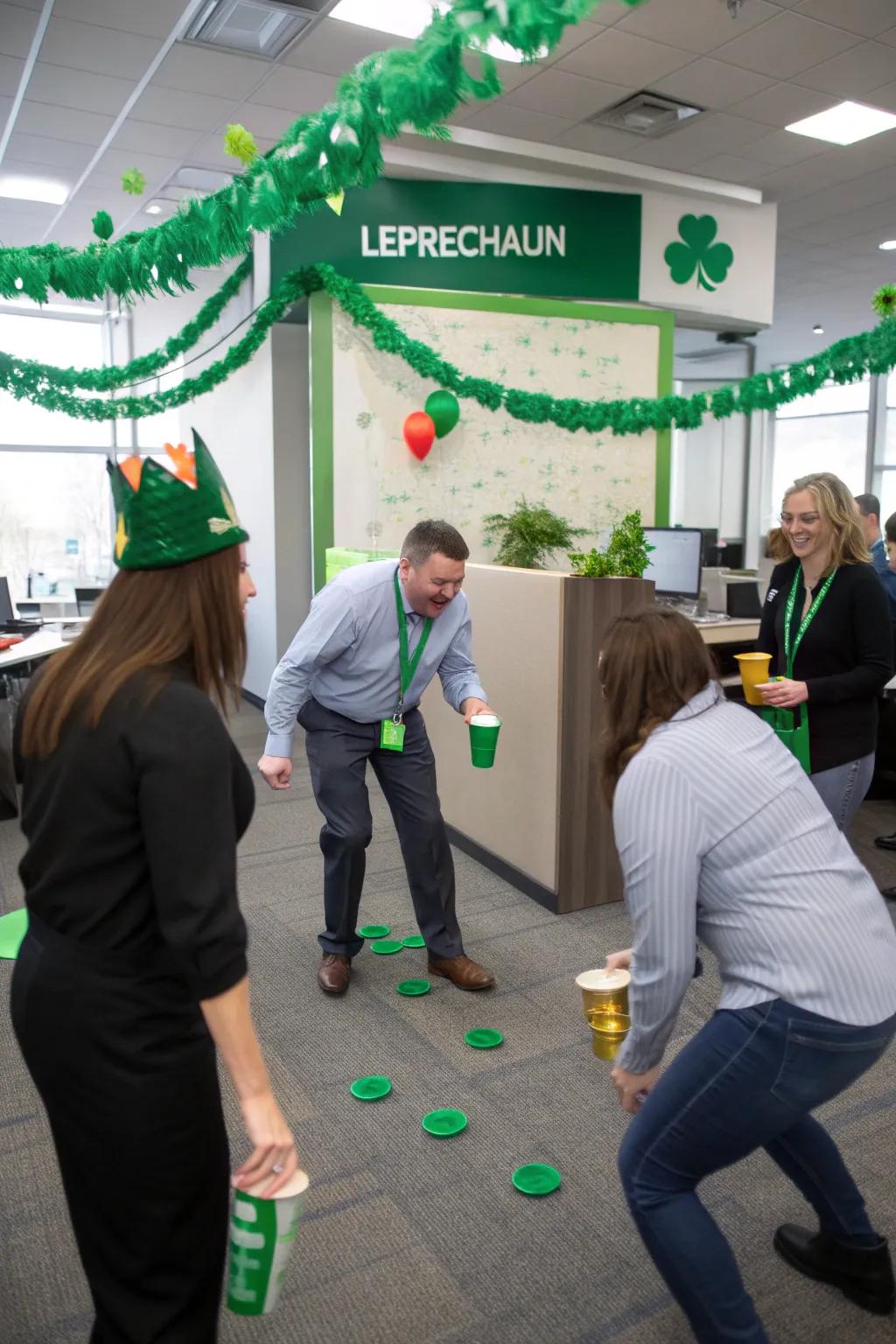 Team up for an amusing leprechaun hat toss game.