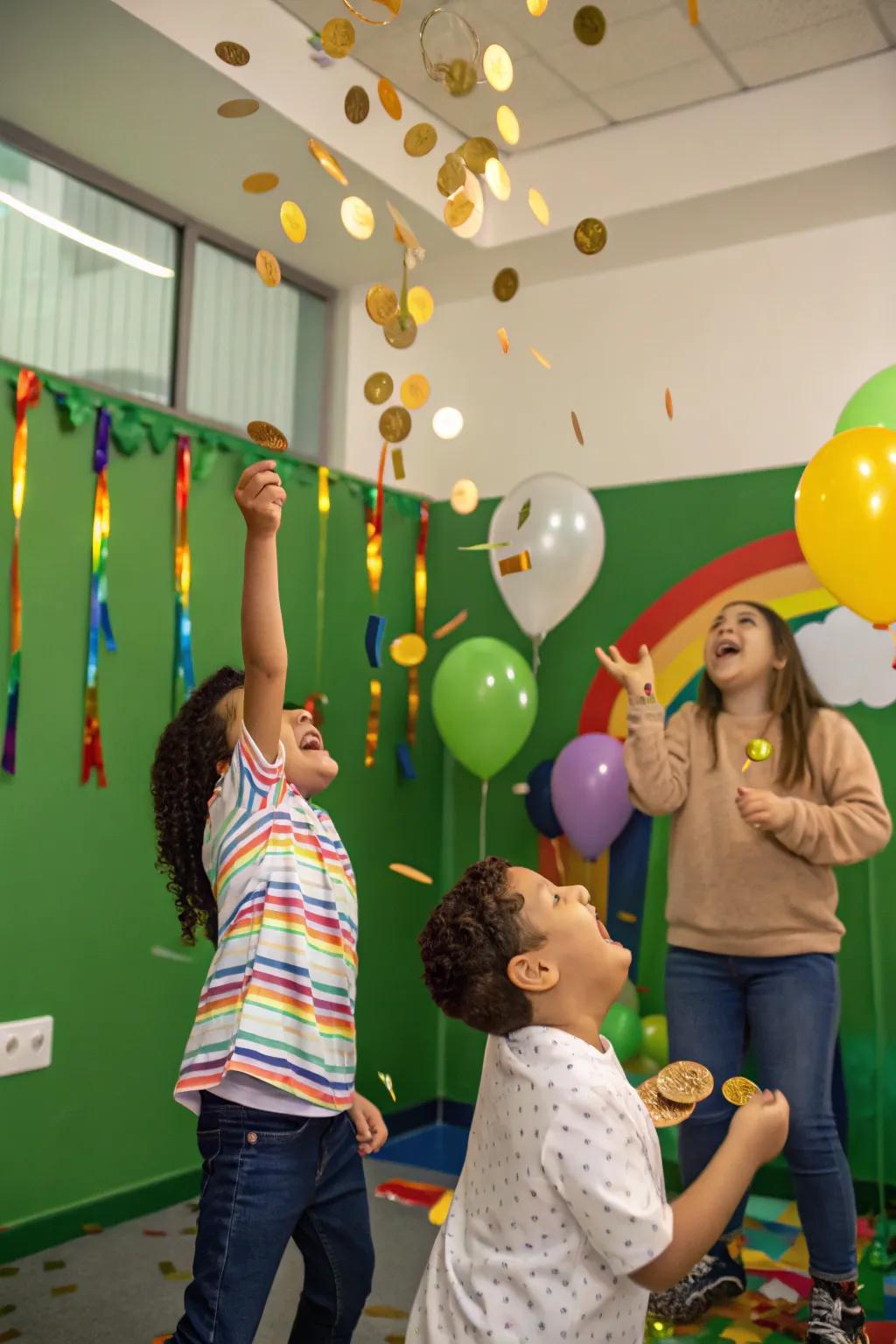 Kids cheerfully tossing gold coins in a St. Patrick's Day-themed room.