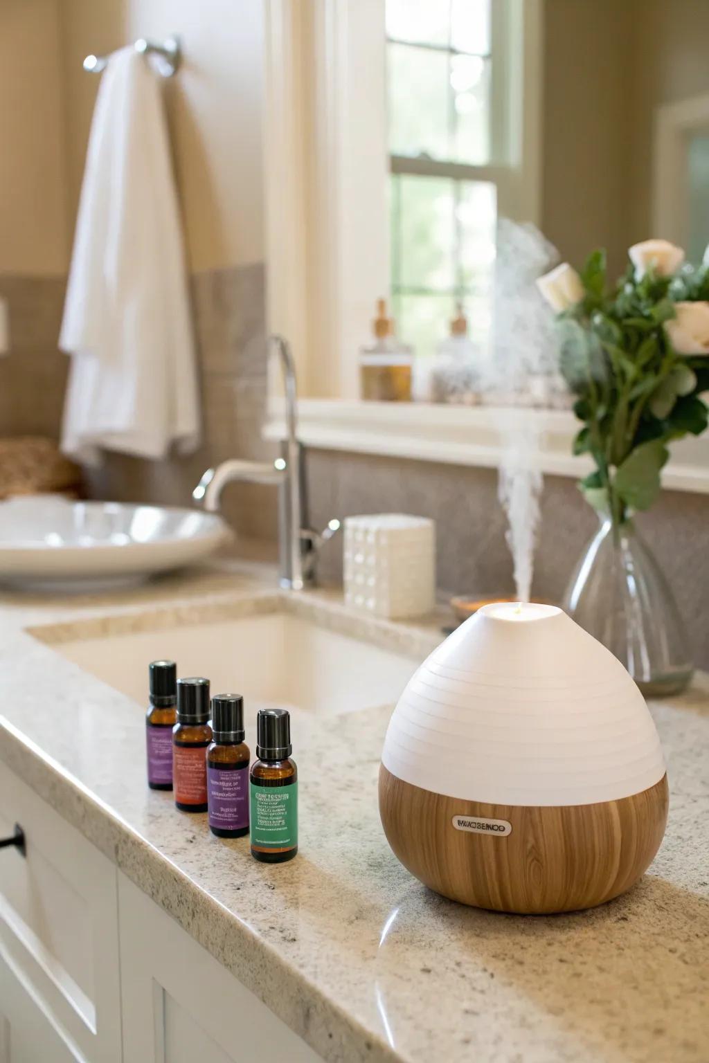 A diffuser emits a calming aroma in the bathroom.