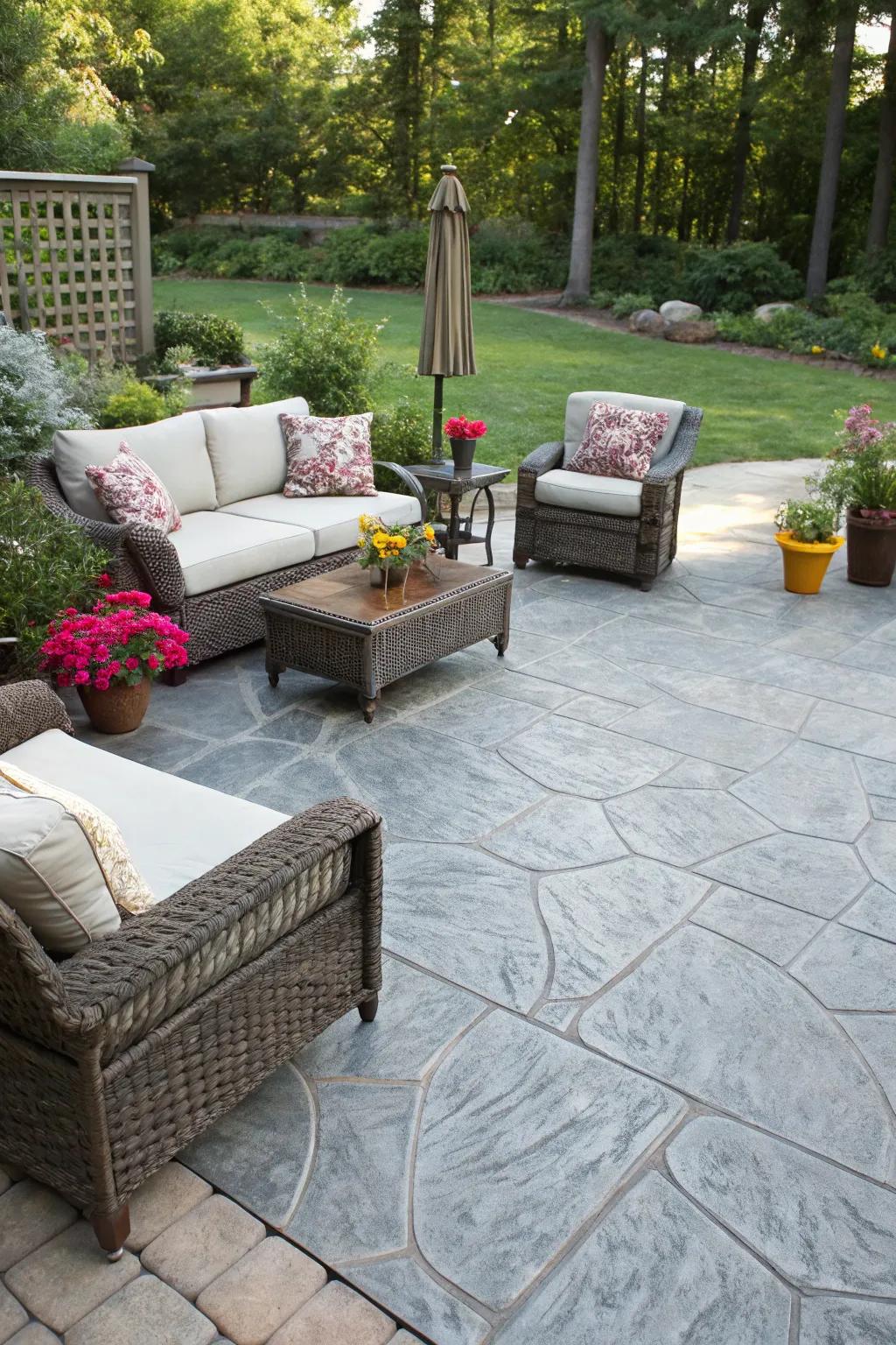 A patterned concrete patio that mimics the elegance of natural stone.