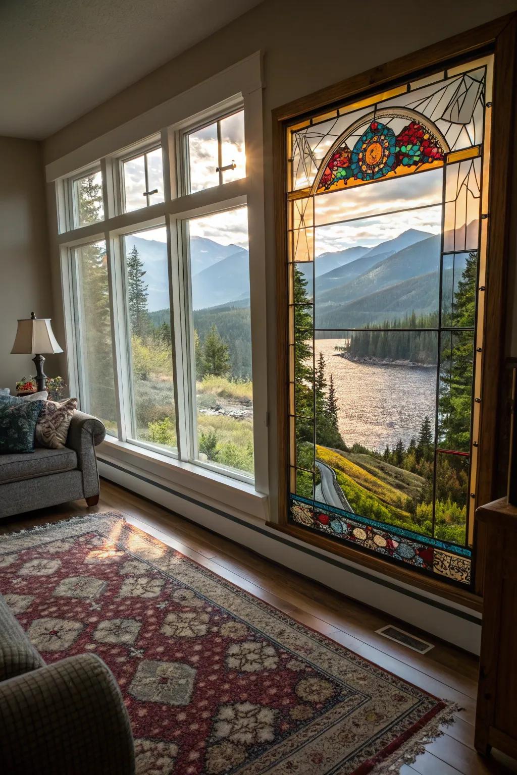 A picturesque landscape rendered in stained glass introduces a sense of calm into your family room.