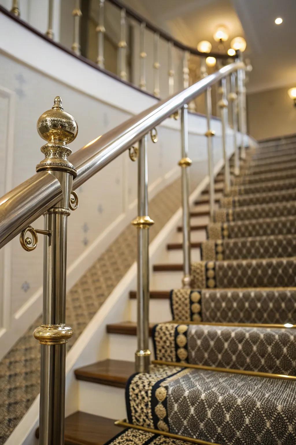 Metallic stair mounts bring class and reliably secure the textile runner.