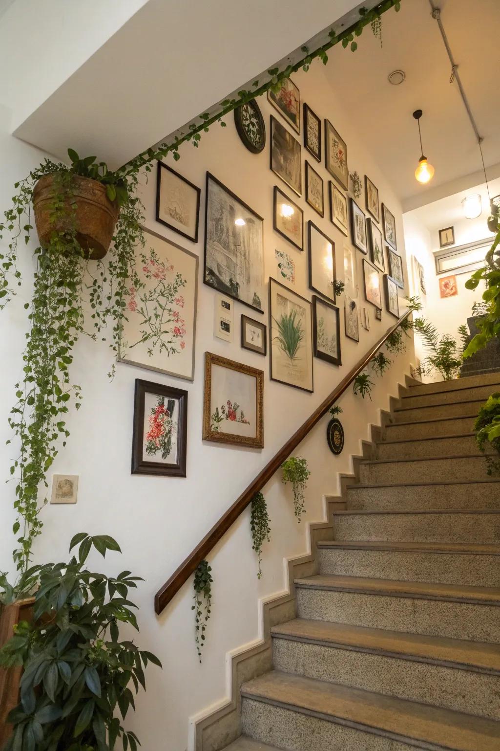 Small hanging flora enlivens the stairway exhibition wall.