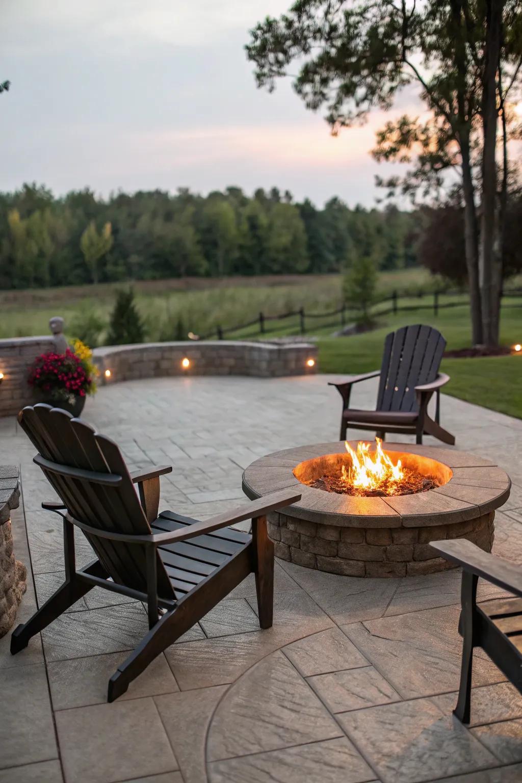 A central fire pit adds appeal and warmth to the patio.