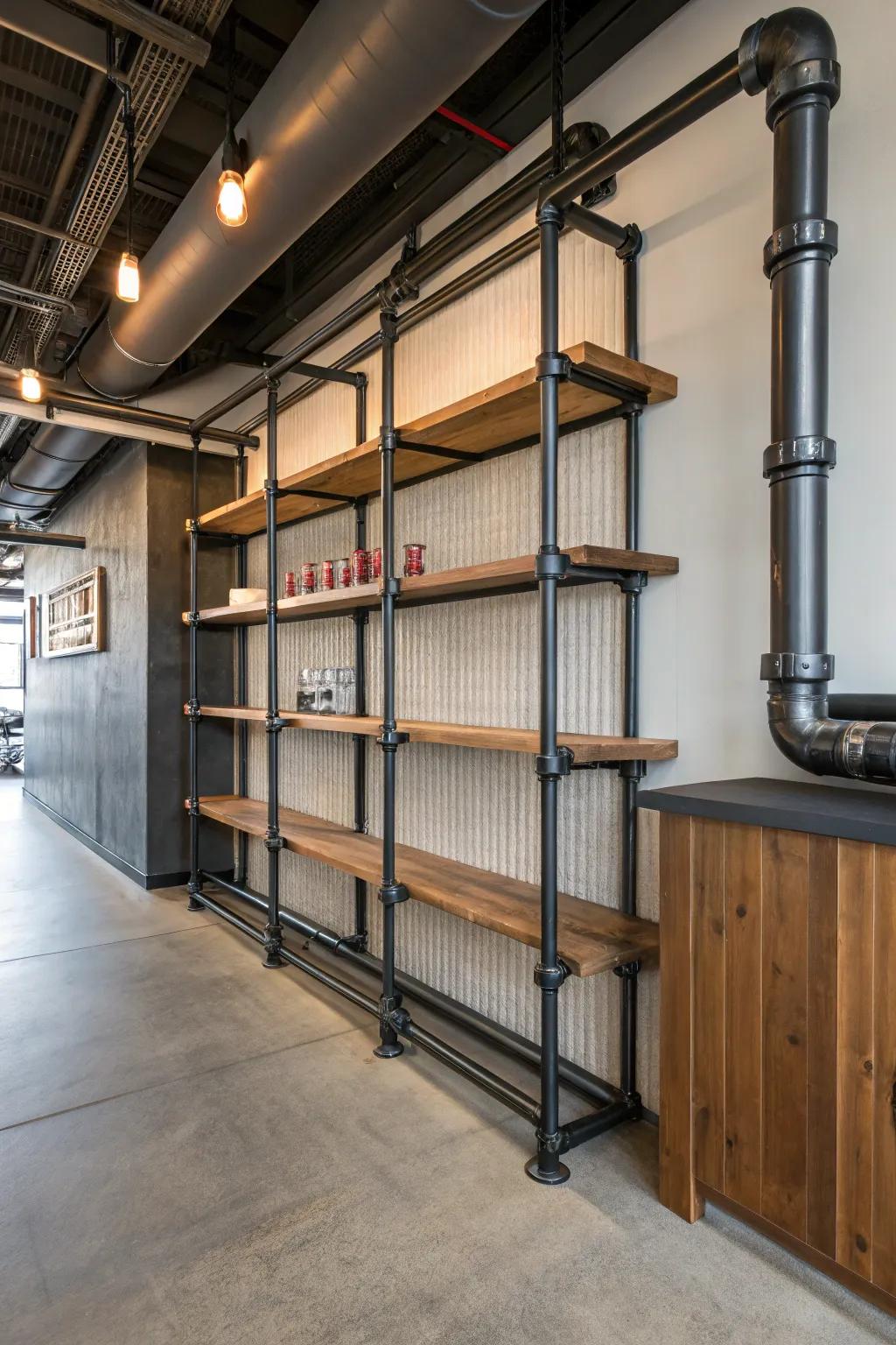 Factory plumbing incorporates a solid elegance to the steampunk-fashioned space.