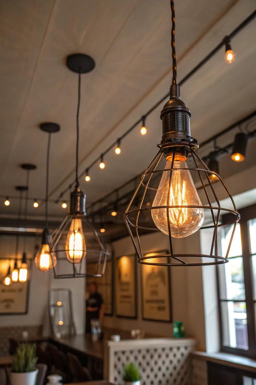 Manufacturing lighting sets the mood for a cozy steampunk environment.
