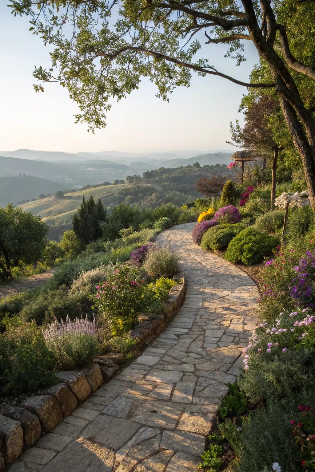 Meandering pathways lead you on a journey through your hillside setting.