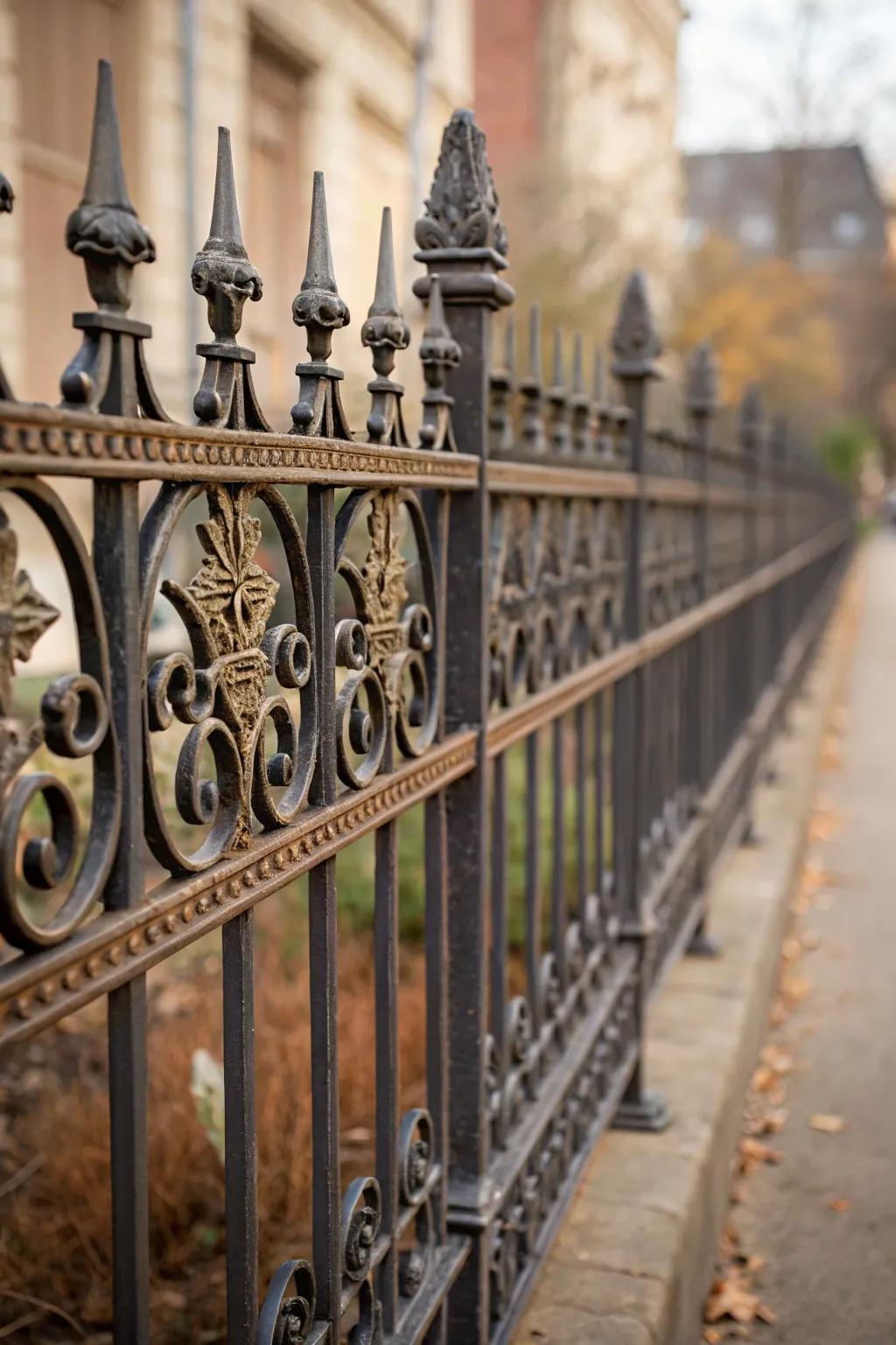 An exquisitely designed iron fence showcasing height variations, adding individuality to the property.