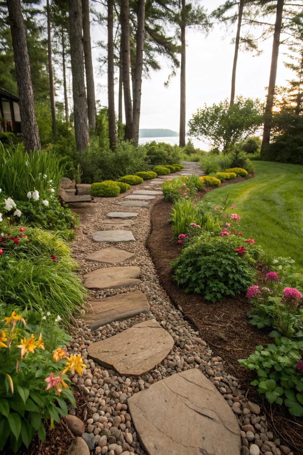 Design welcoming walkways with a blend of river pebbles and mulch.