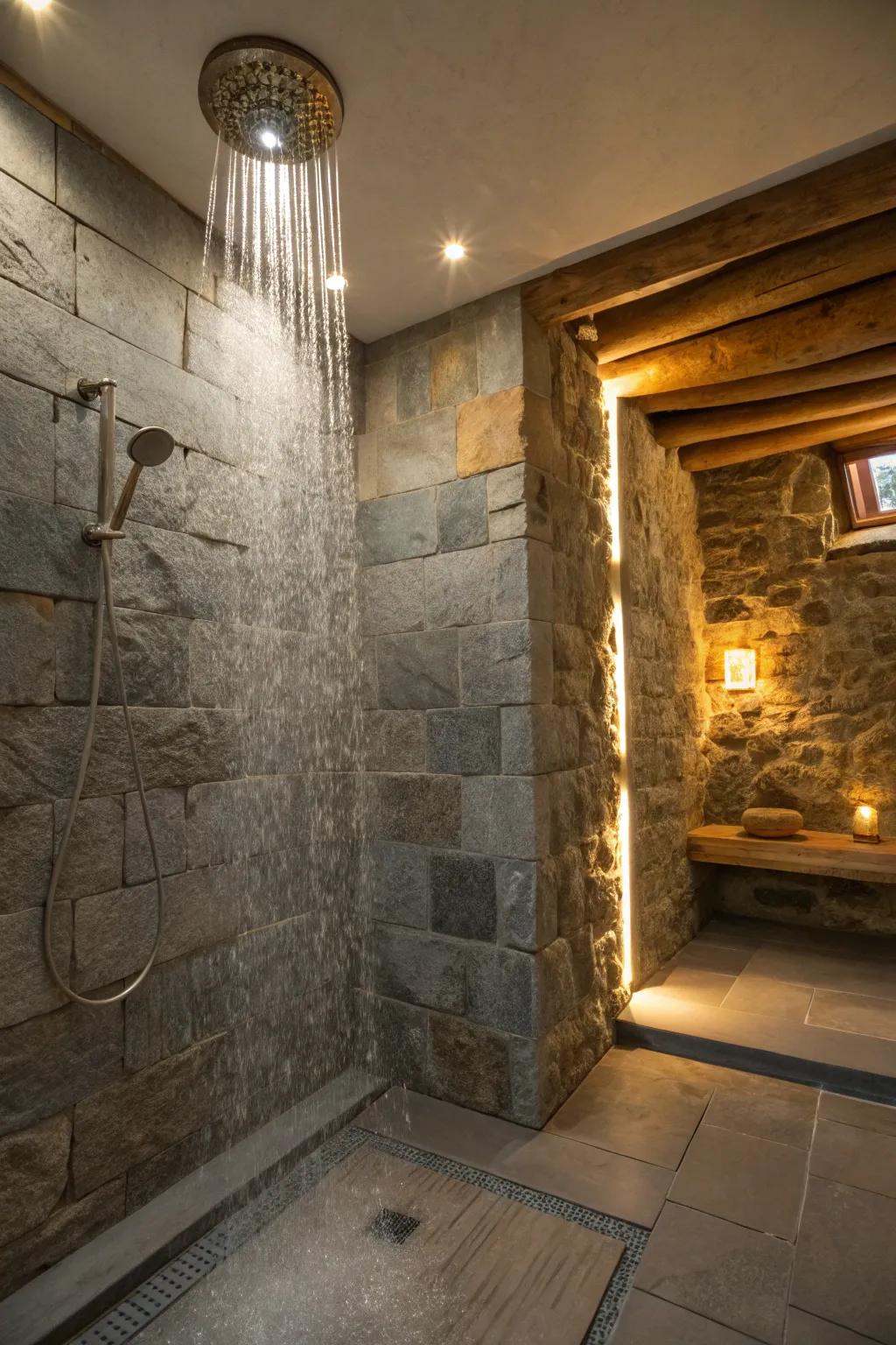 Treat yourself to luxury with a rainfall showerhead in a stone setting.