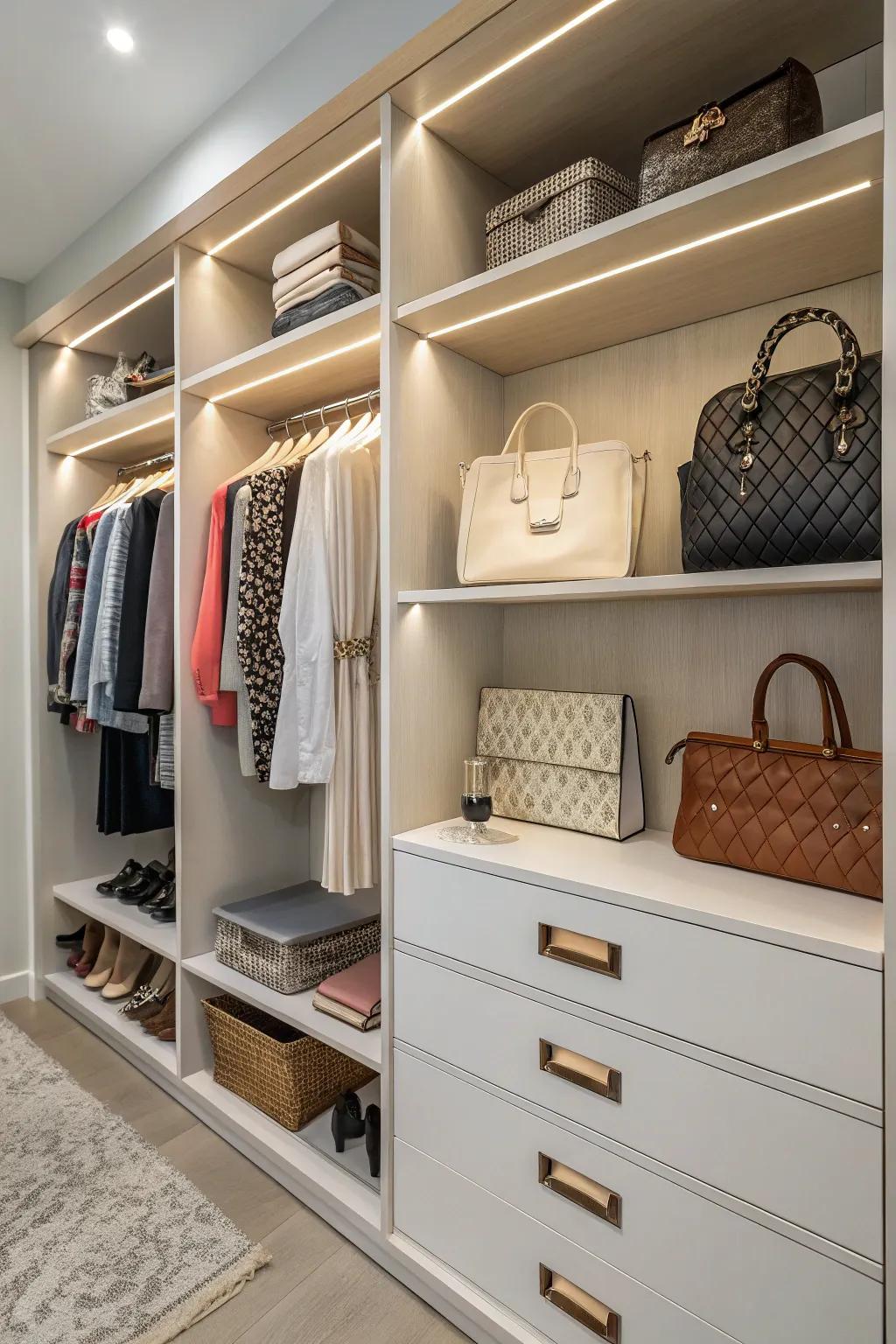 Closet featuring integrated storage for handbags.