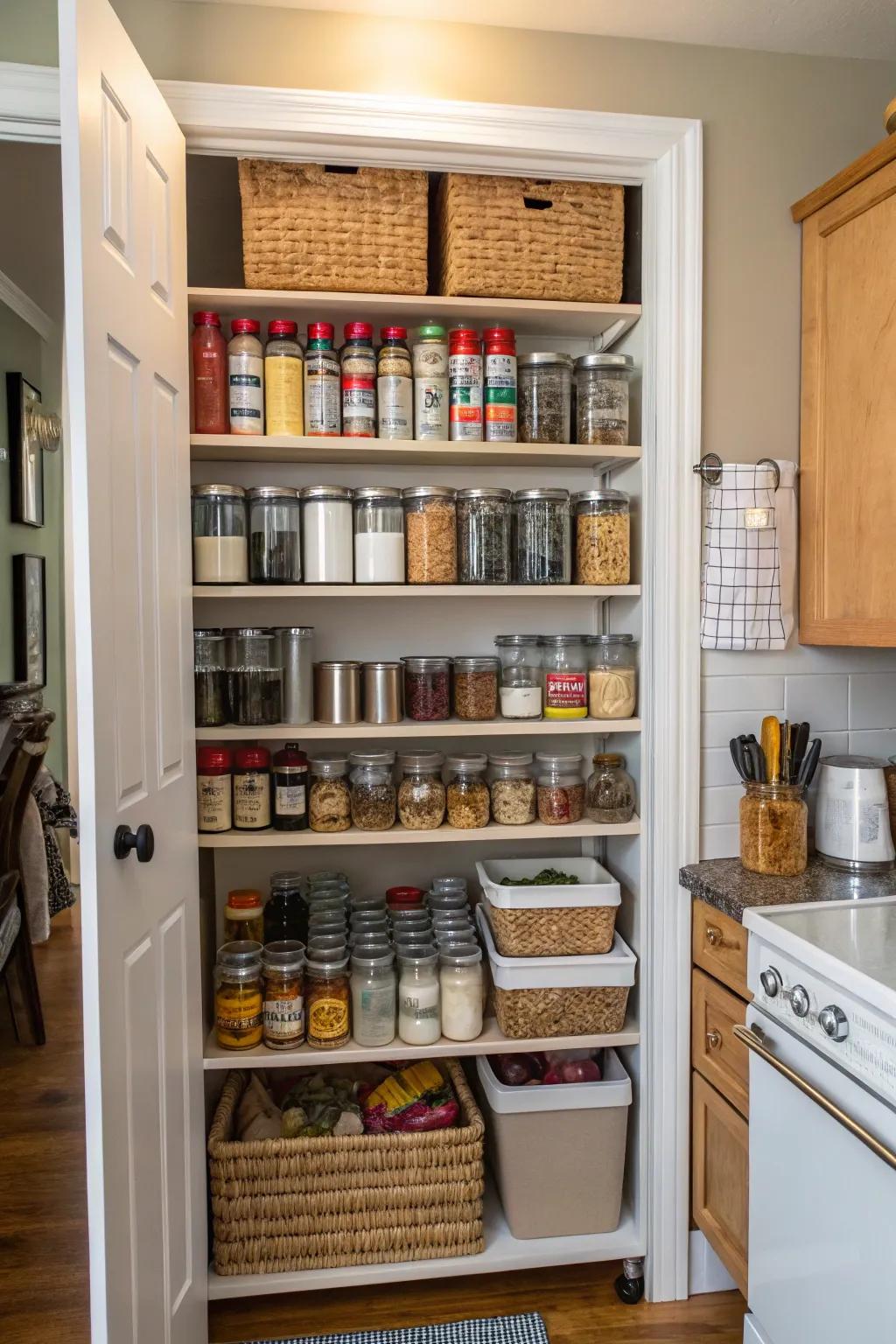 Tall pantry shelf in a small kitchen.