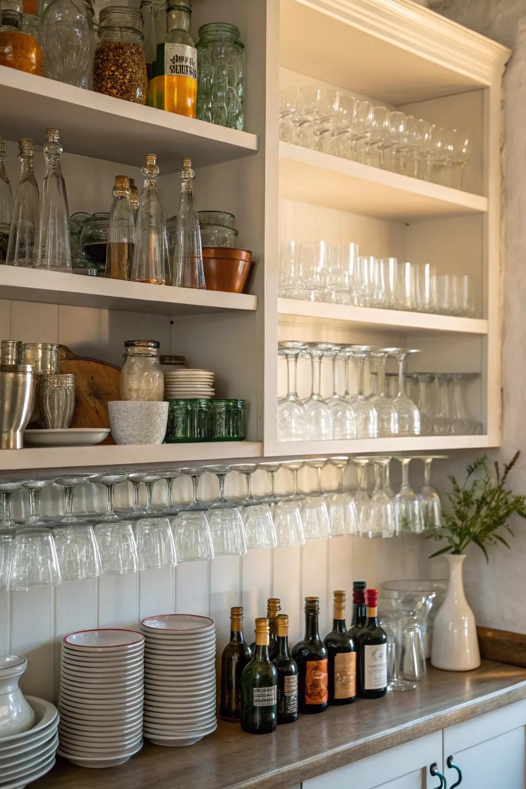 Open shelves give off an airy vibe and showcase your glassware beautifully.