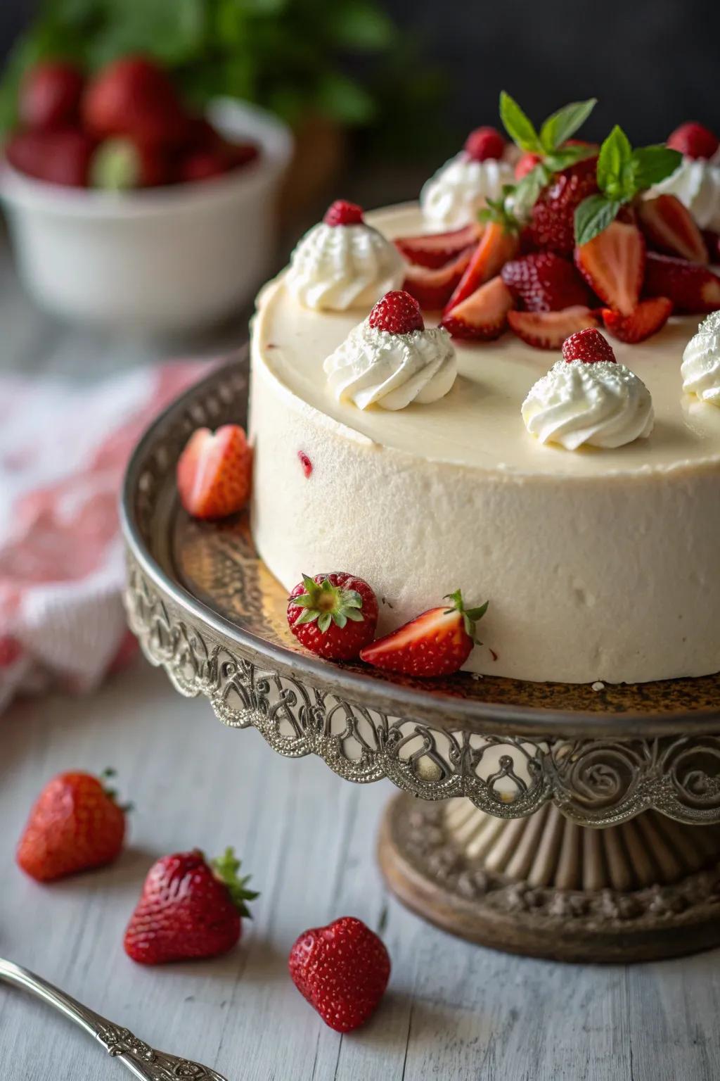 An exquisite cake lavishly adorned with fresh strawberries.