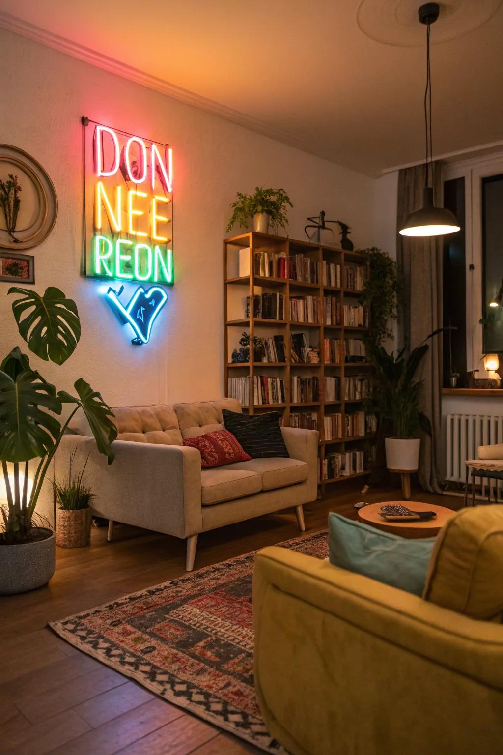 A neon sign brings a modern touch to your streaming space.