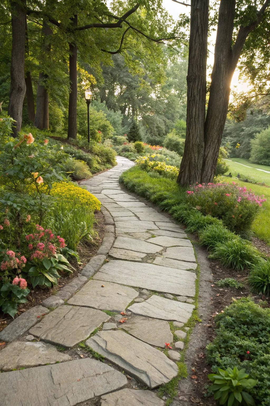 A stone walkway lends personality and stylishly guides visitors through your sidewalk garden.