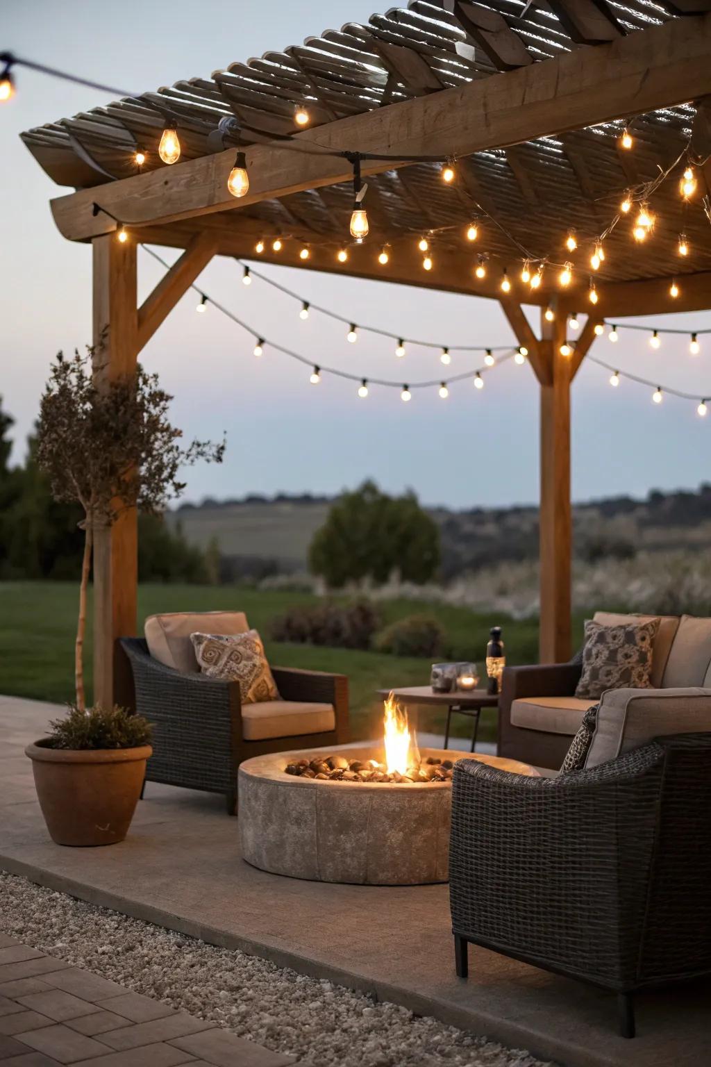Twinkle garlands under an arbor fashion a sleek, contemporary ambiance.