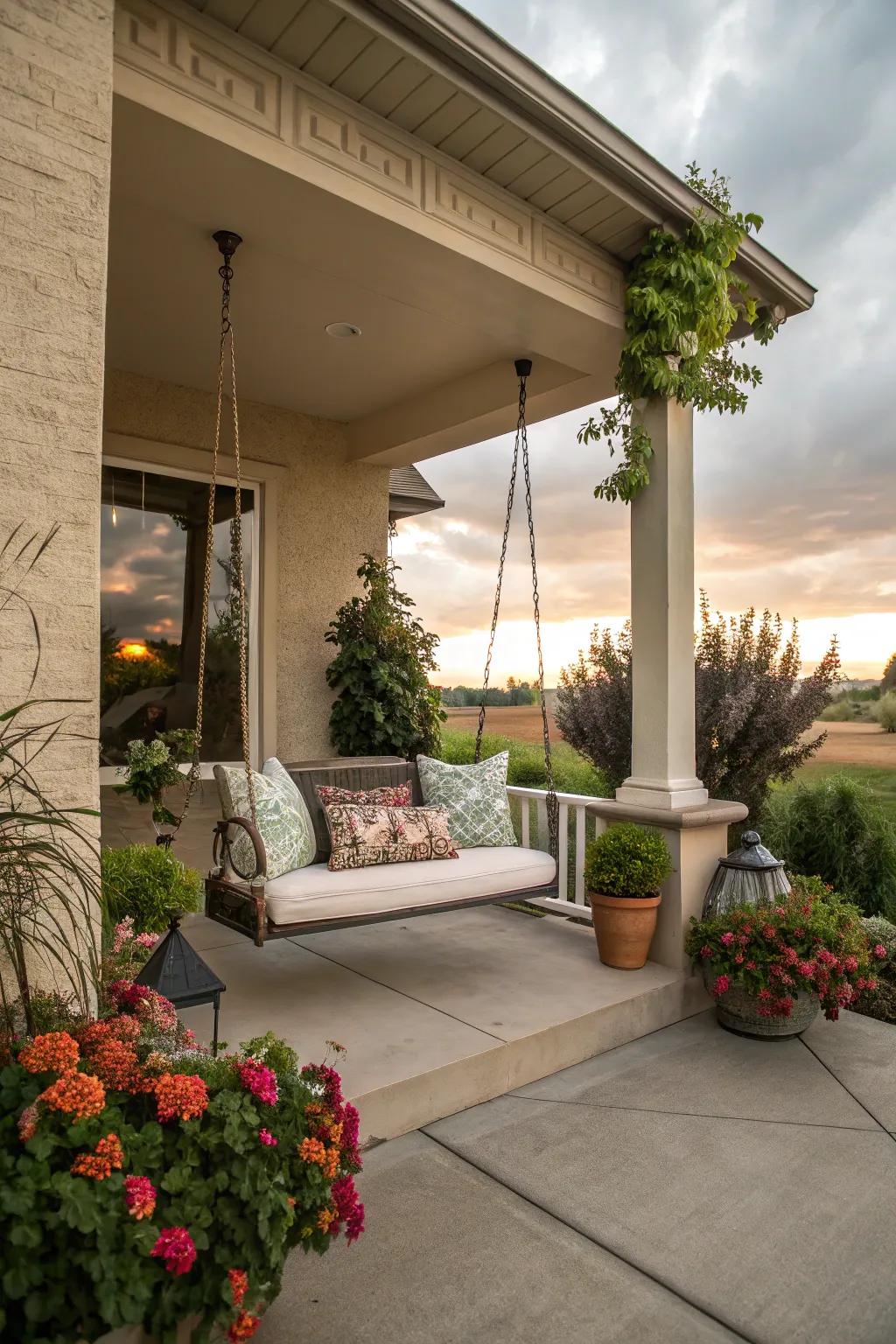 An inviting seating space on the porch, great for unwinding while enjoying the view.