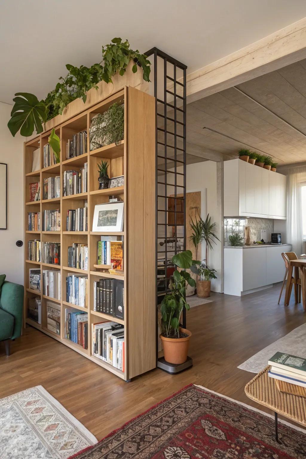 Open shelves are a chic and useful way to divide a room.