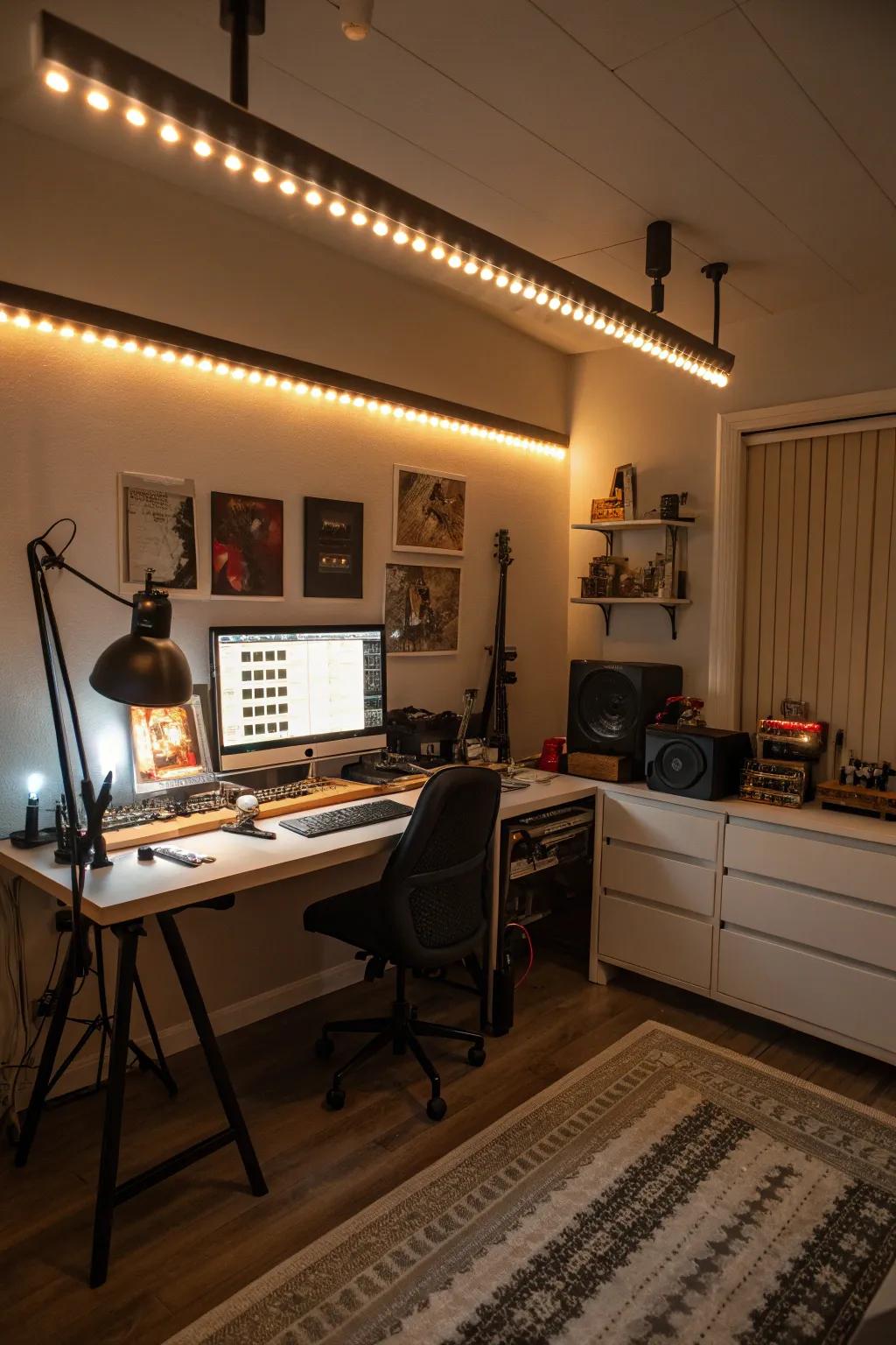 Atmospheric lighting can change your workspace into a refuge of creativity.
