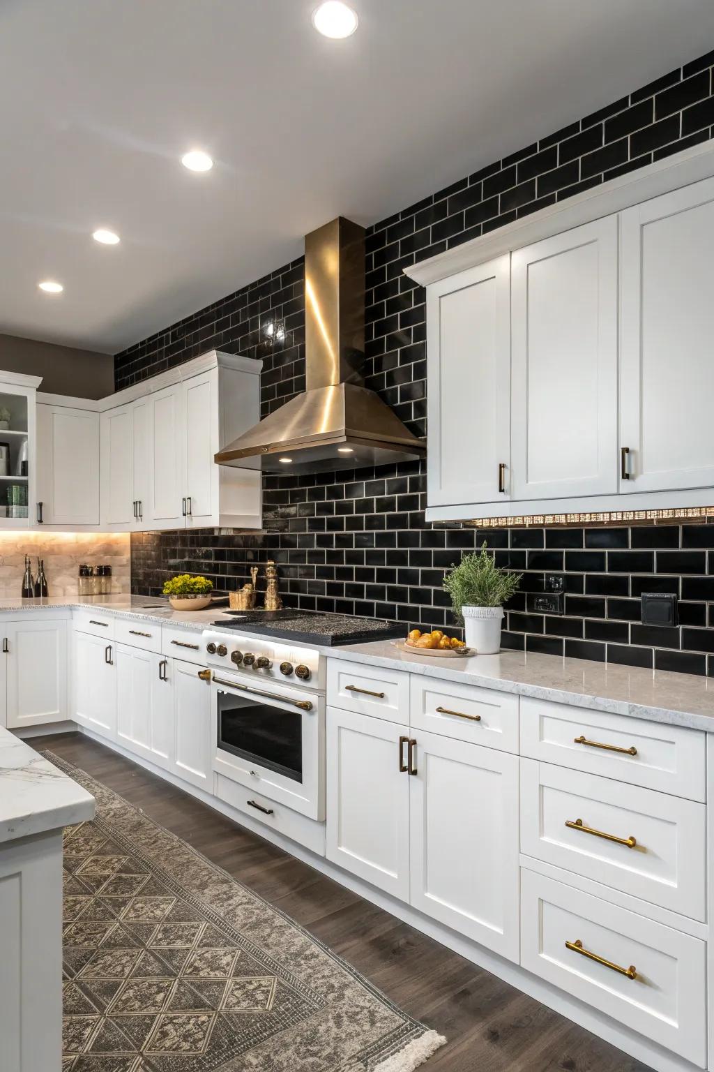 Dark elongated tiles establish a dramatic and sophisticated cooking space ambiance.