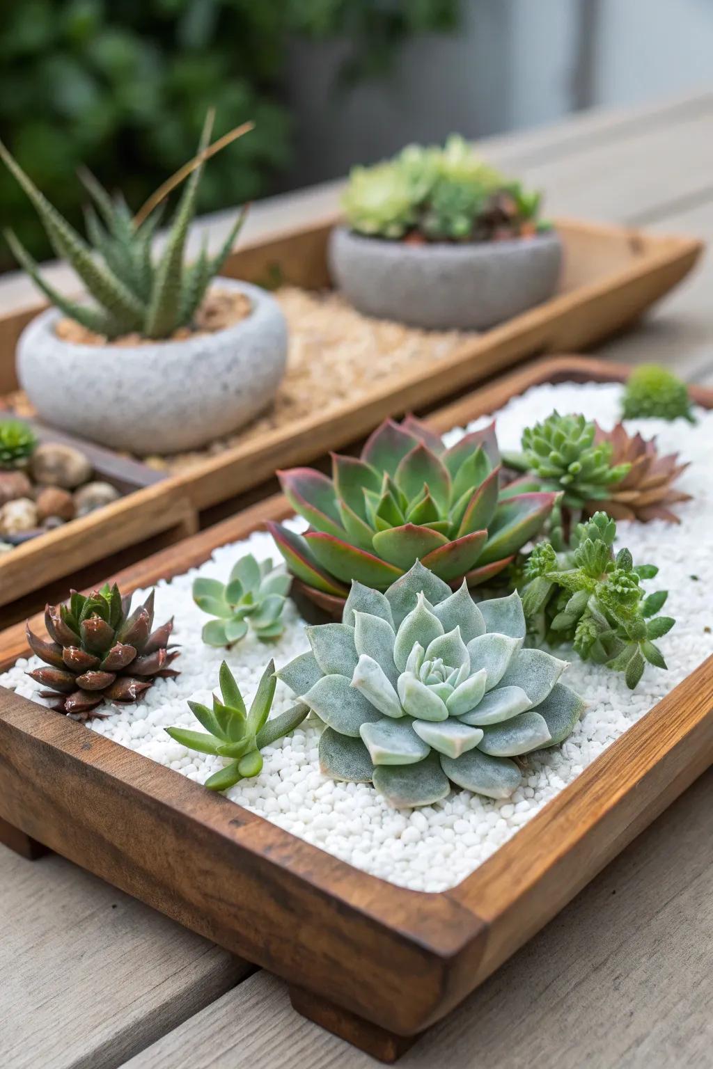 A zen-inspired succulent garden enhanced with gravel.