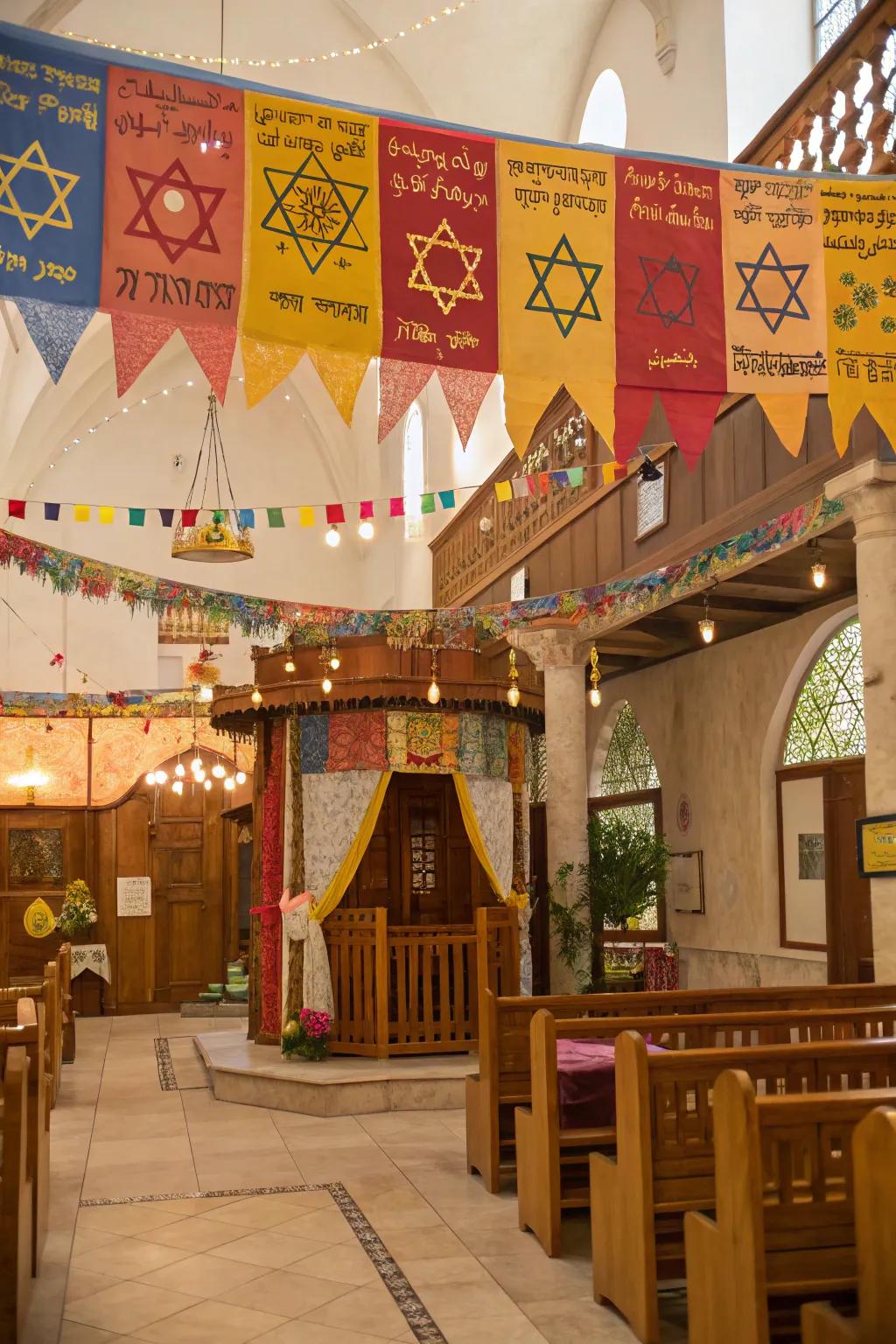A cheerful sukkah interior showcasing festive banners and signs.