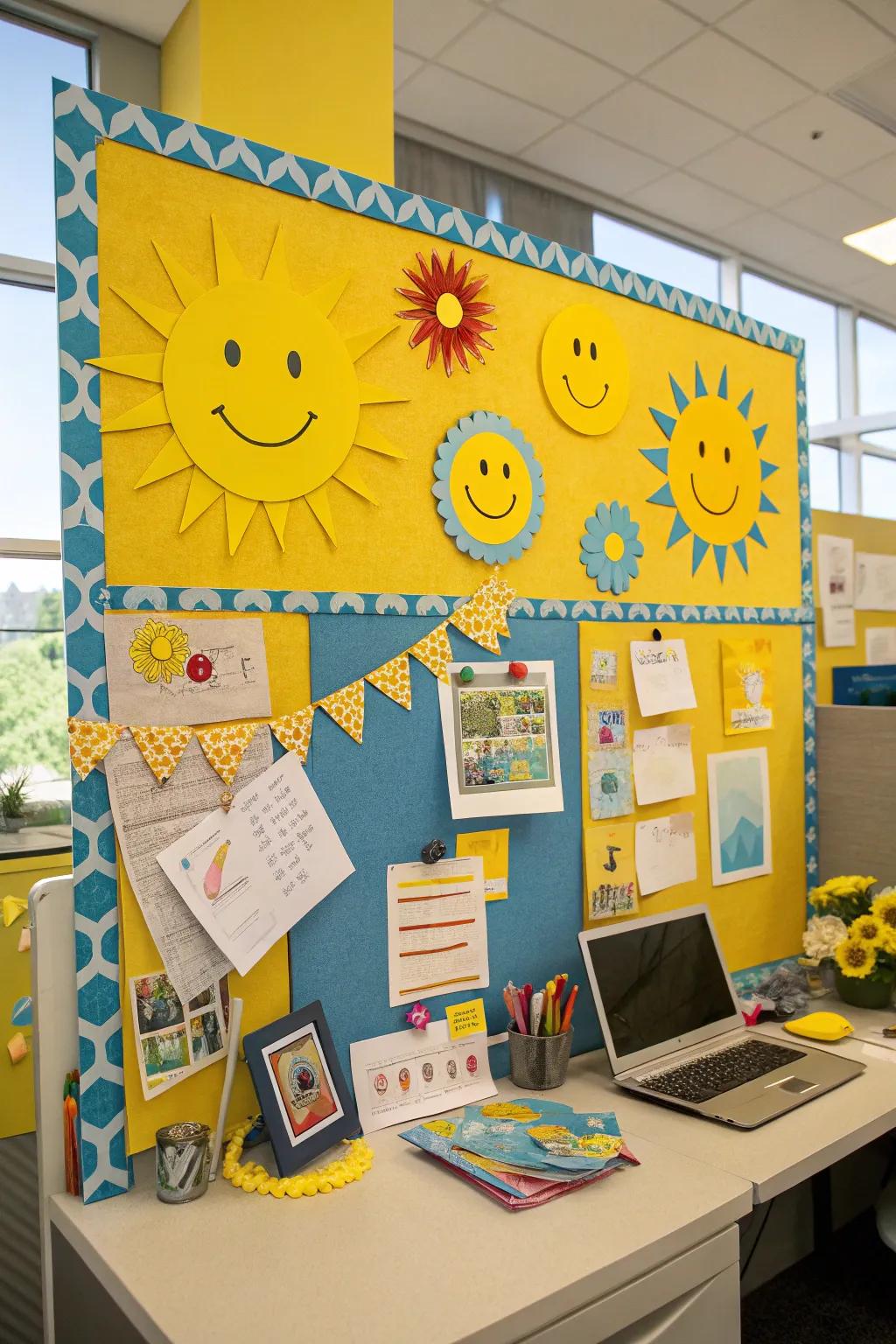 Disseminate joy with bright colors and cheerful sun images.