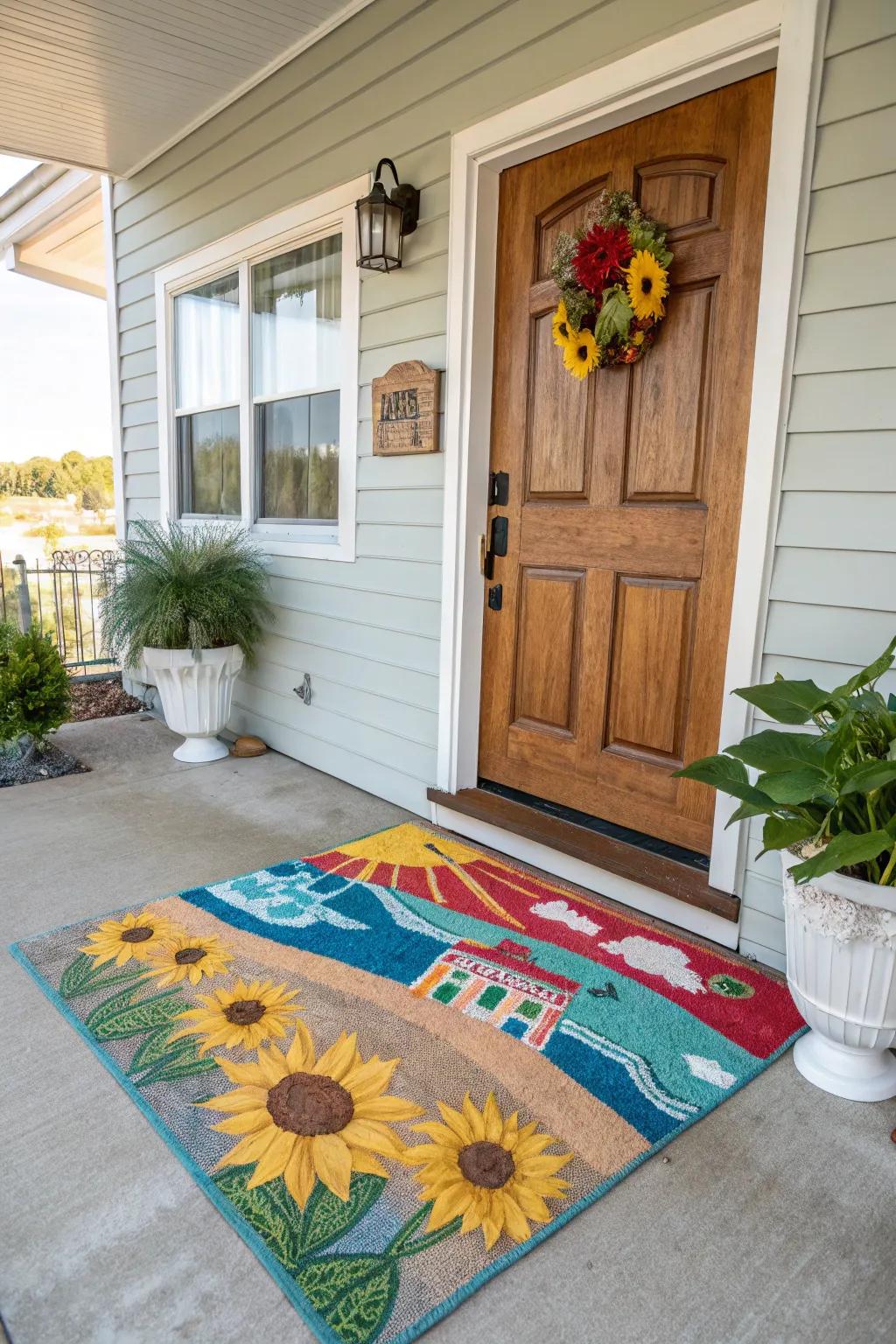 A vibrant doormat makes a welcoming first impression.