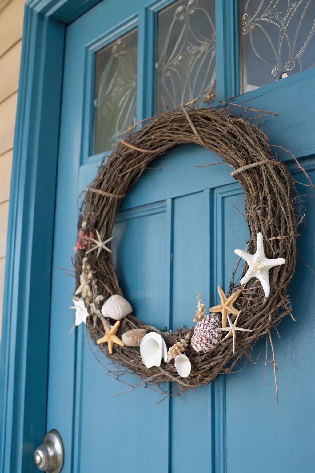 Transport the coastline to your threshold through a coastal-themed creation.