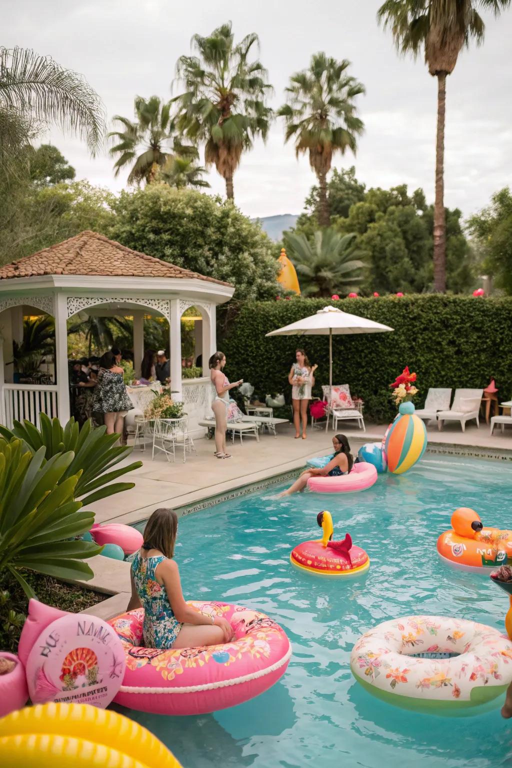 An amusing vintage pool get-together featuring vibrant floatation devices and traditional swimwear.