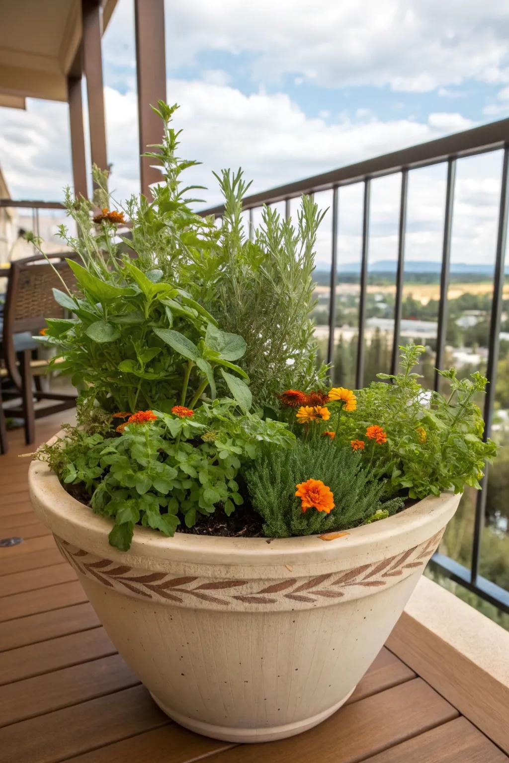 Culinary herbs and marigolds in a ceramic pot
