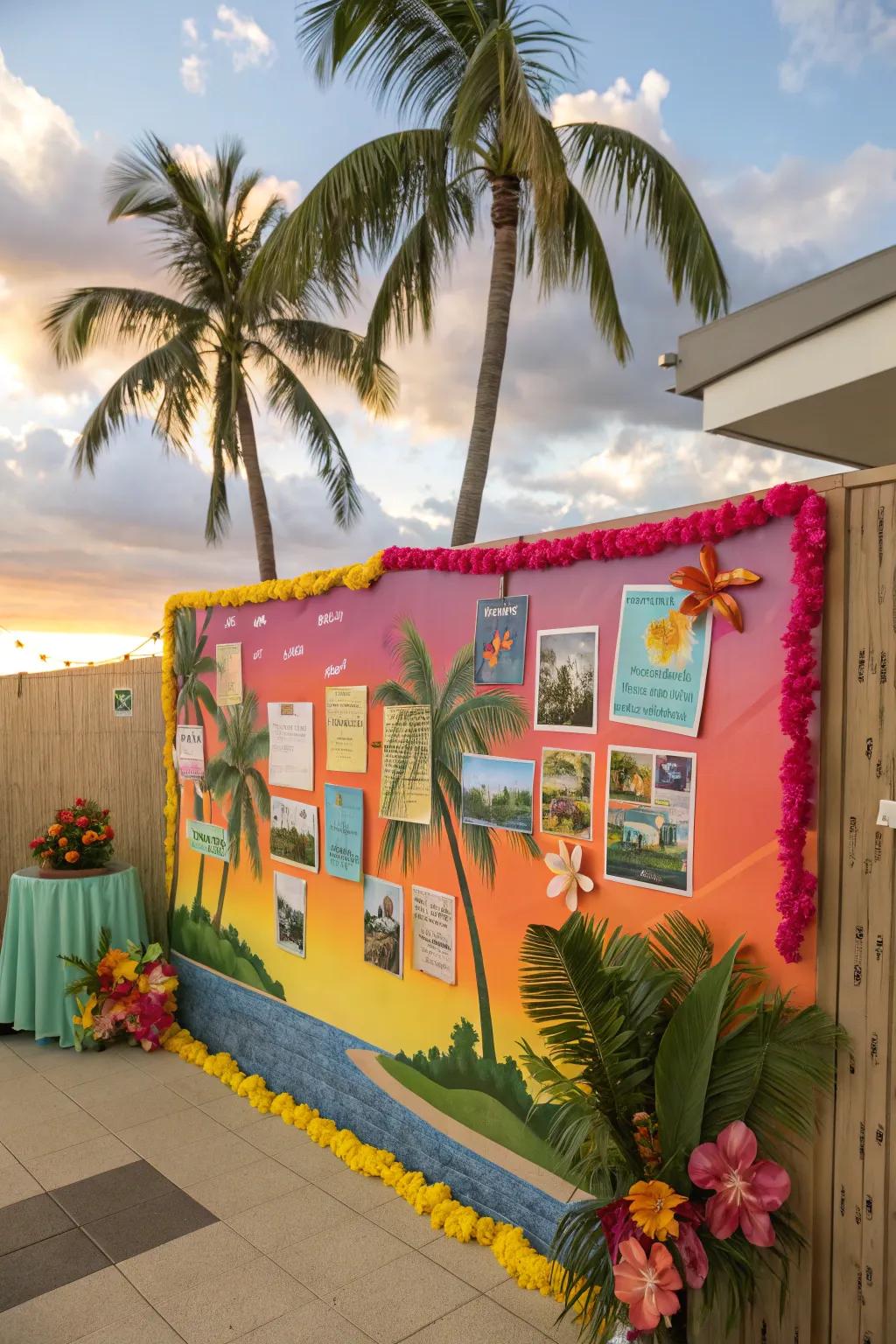 A tropical paradise-themed bulletin board full of vibrant colors.