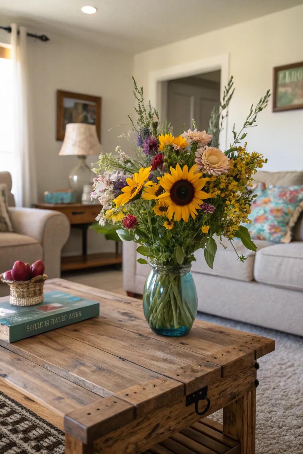 Bring the meadow indoors with a mix of sunflowers and wildflowers.