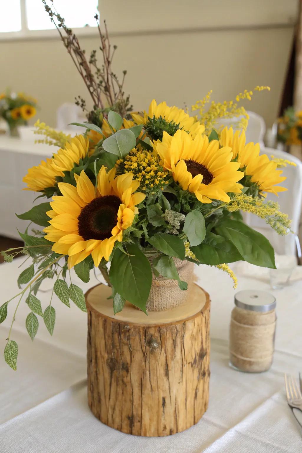 Homespun sunflower centerpiece with wooden and homespun fabric details.