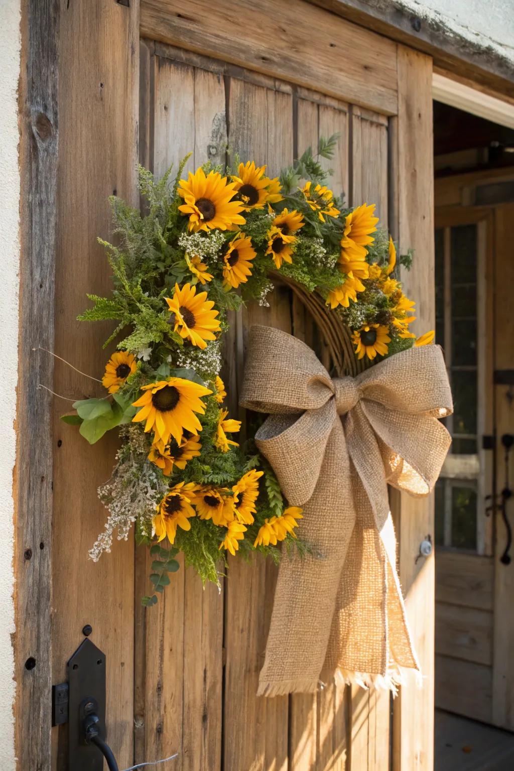 Farmhouse charm meets elegance with sunflowers and burlap.