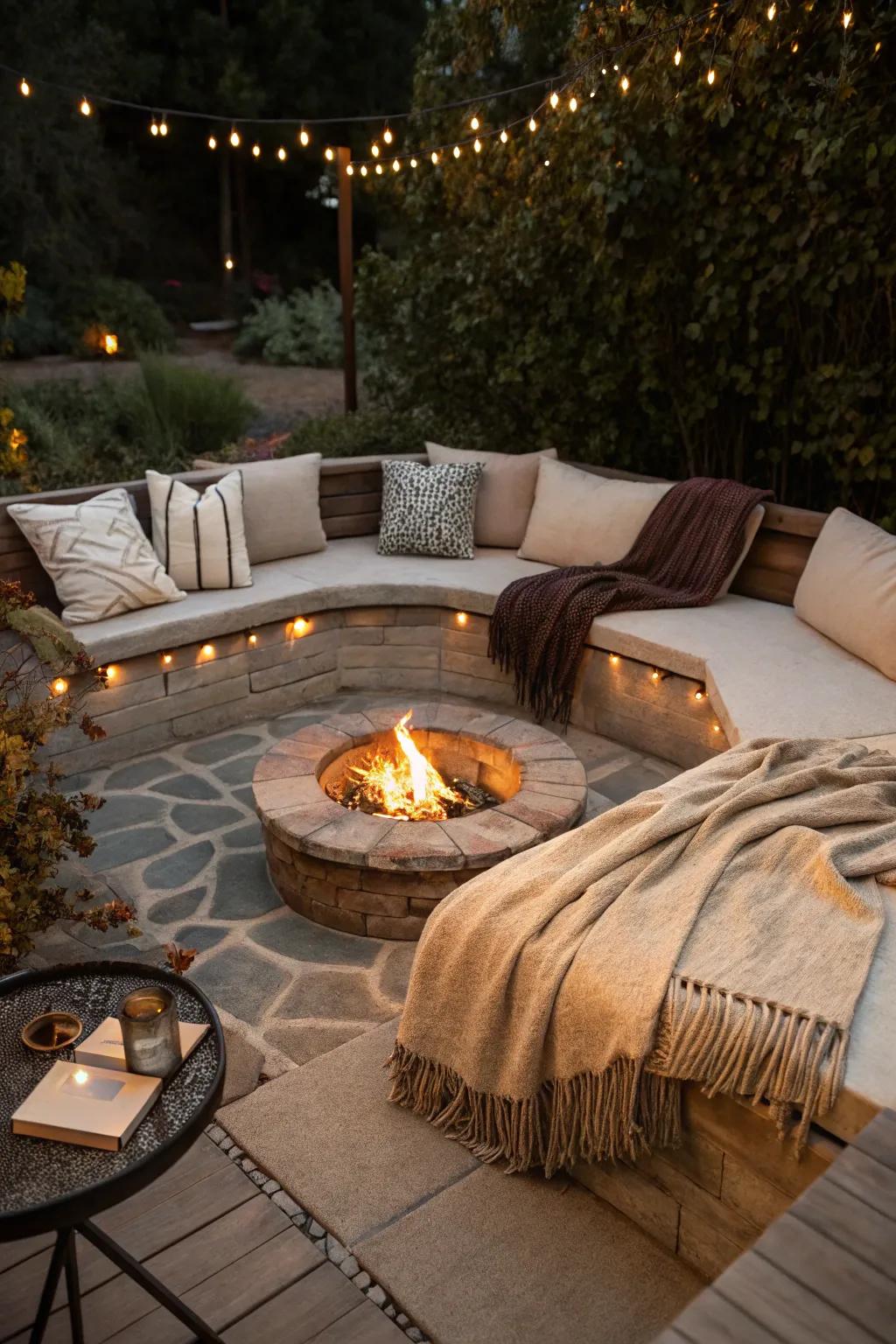 A comfy and welcoming recessed fire pit area.
