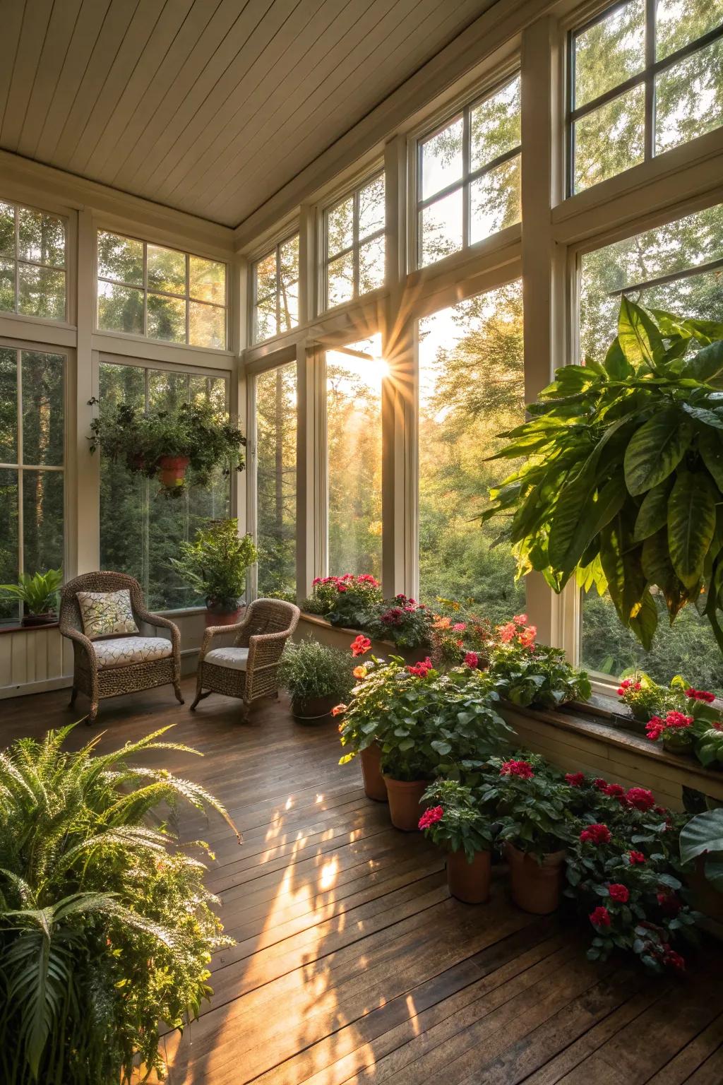 Abundant foliage draws the outdoors in, improving the natural aspect of the sunroom.