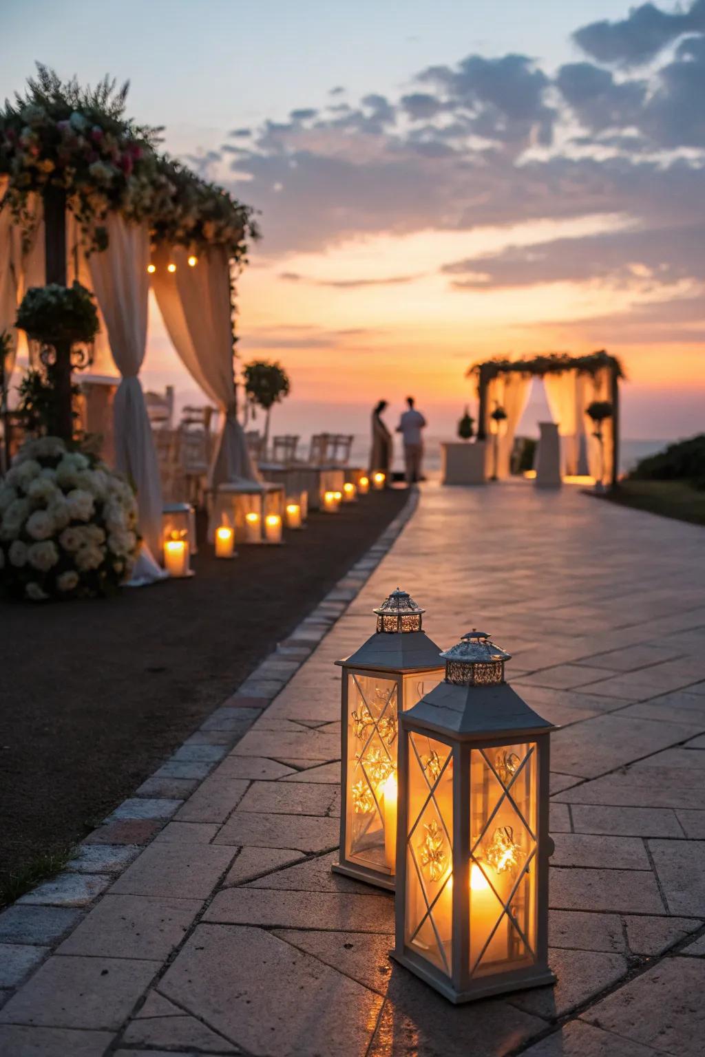 A ceremony aisle beautifully illuminated using radiant lanterns.