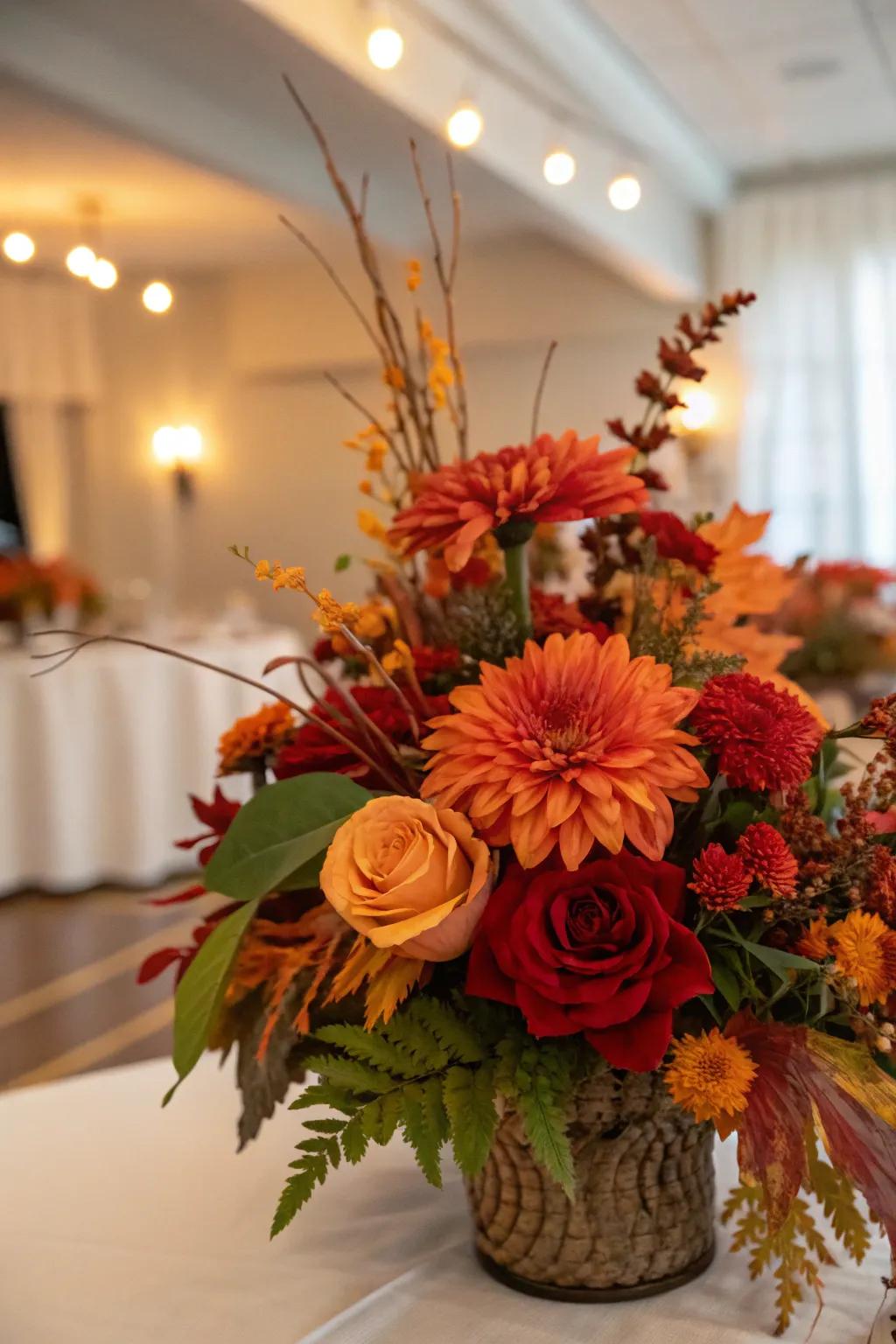 A seasonal floral centerpiece embodying the inviting shades of fall.