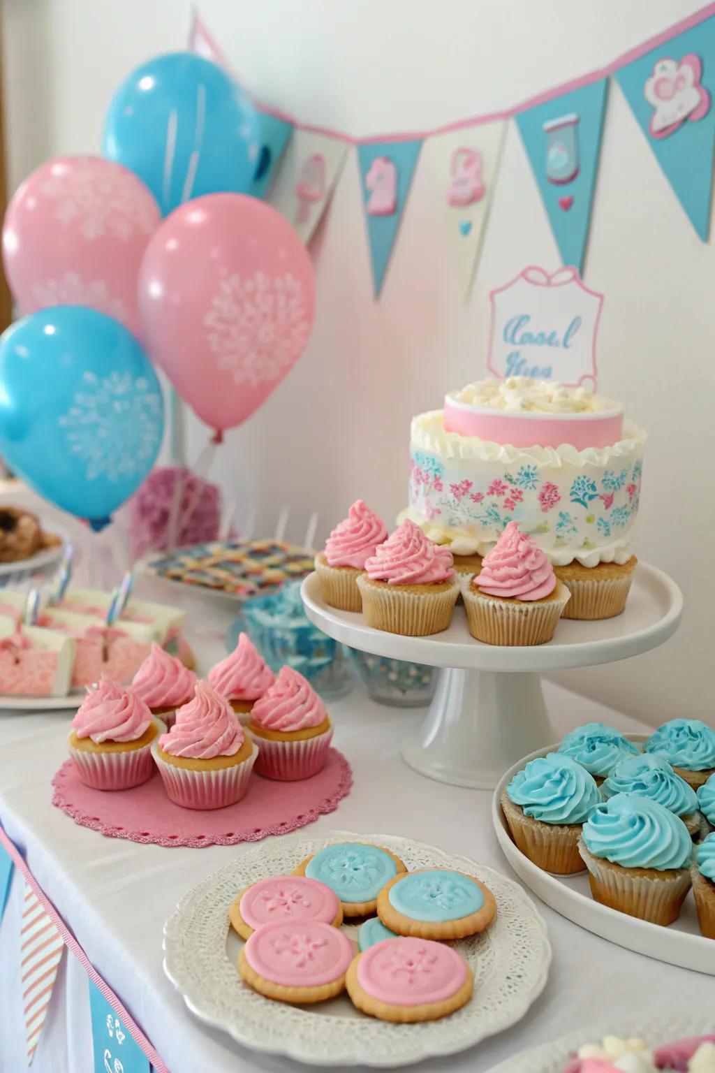 An attractive dessert display featuring scrumptious treats in rose and azure to please your attendees.
