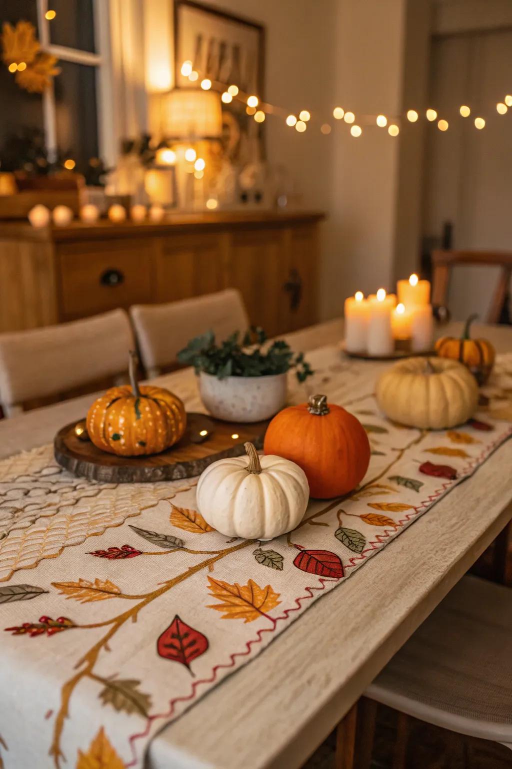 Seasonal table runner with pumpkins for a festive fall dinner.