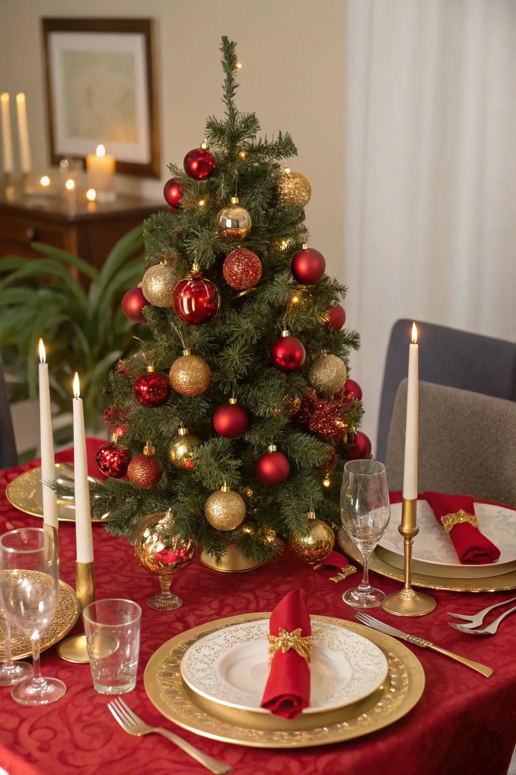 A traditional scarlet and gold themed tabletop Christmas tree.