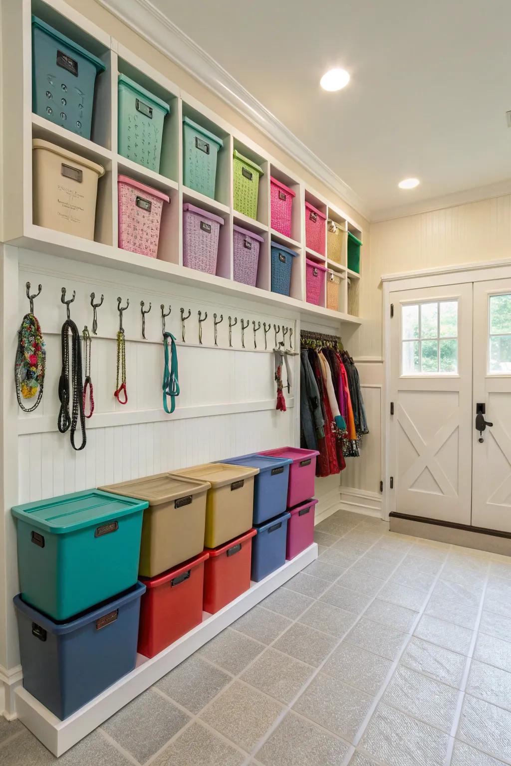 Color-coordinated storage in a tack room results in a unified appearance.