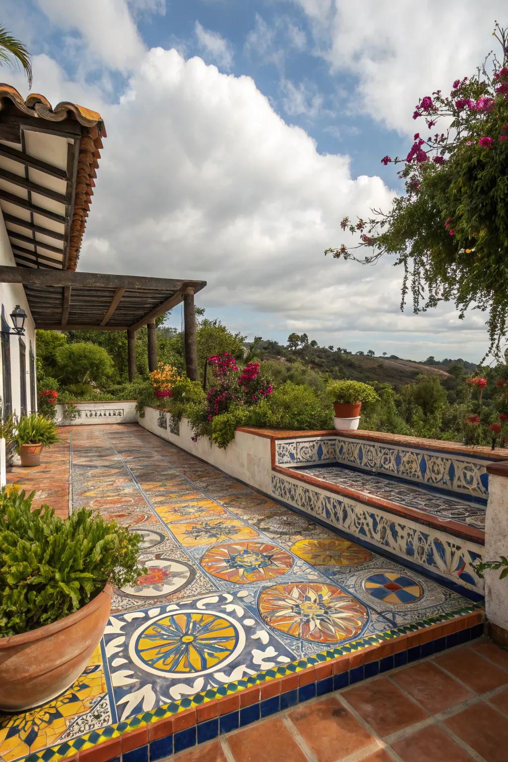 Design an appealing outdoor setting with Majolica mosaics.